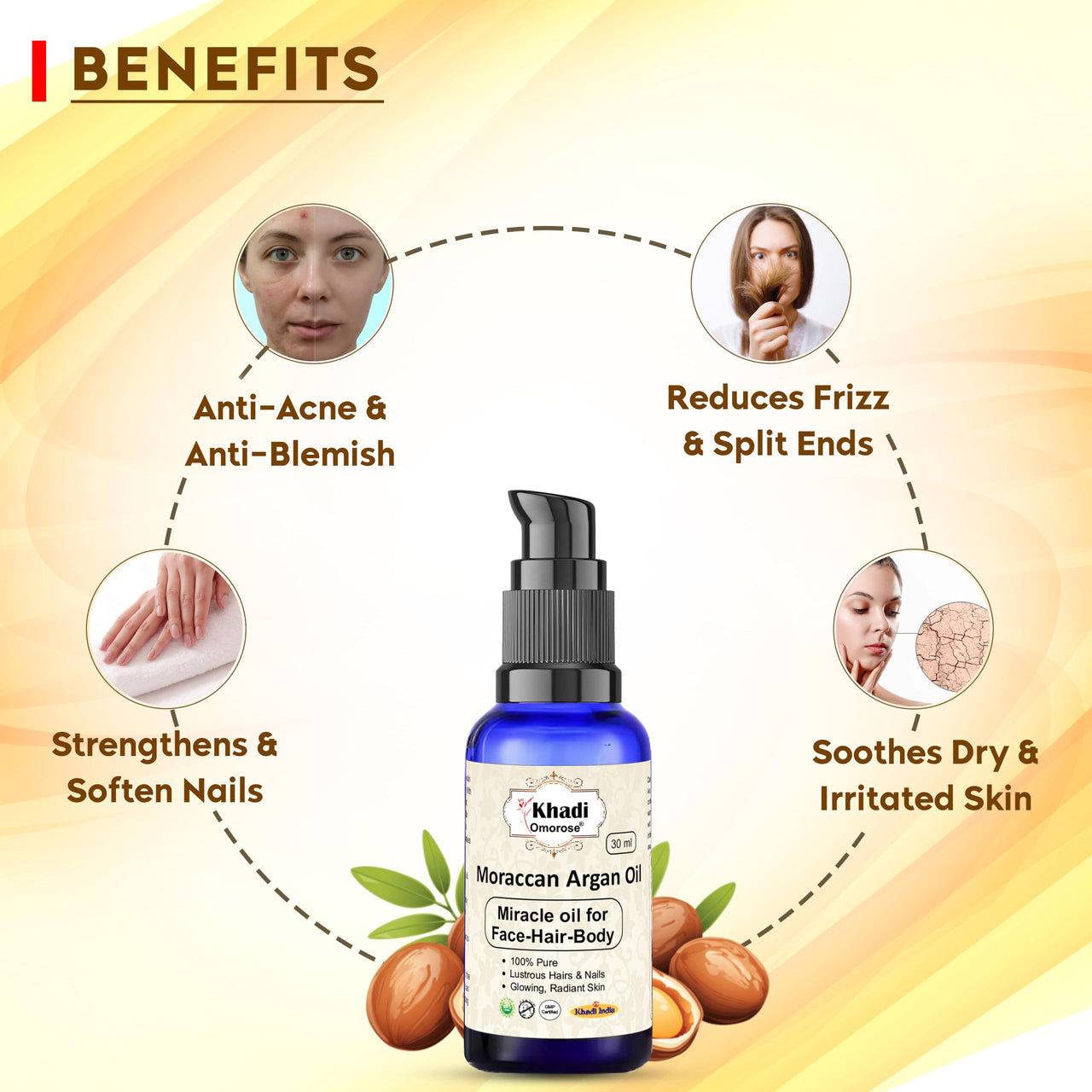 Khadi Omorose Moraccan Argan Oil, Cold Pressed Organic, 30ml, for Skin, Hair & Anti-Ageing Face Care ! 30 ml