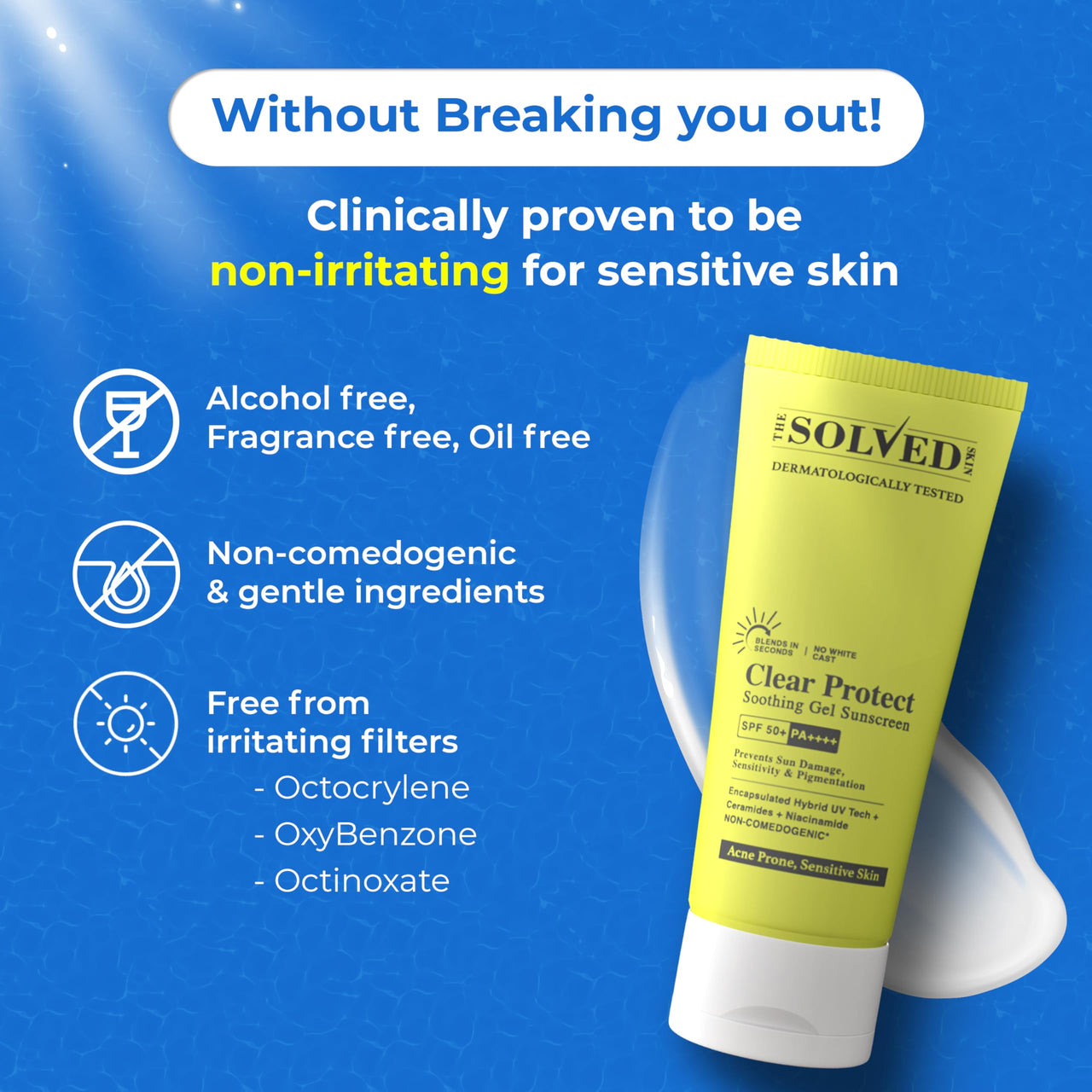THE SOLVED SKIN Clear Protect SPF 50+ PA++++ Sunscreen for Acne Prone Skin with Advanced Encapsulated UV Tech |Oily Sensitive Skin | Ultra-Light Cooling Gel | No White Cast Broad Spectrum UVA/UVB 50ml