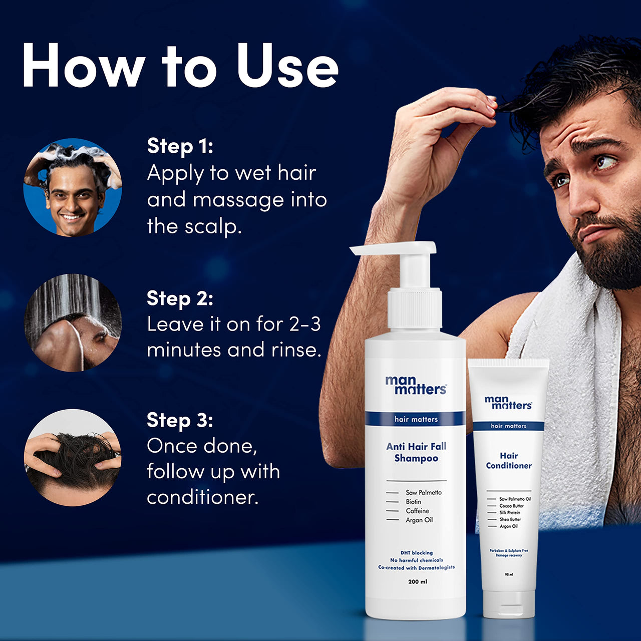 Man Matters Anti Hair Fall Shampoo And Conditioner For Men|Dht Blocker|Helps In Deep Nourishment And Frizzy-Free Hair|Sls&Paraben Free|Pack Of 2|300Ml Shampoo And 90Ml Conditioner,390 Grams