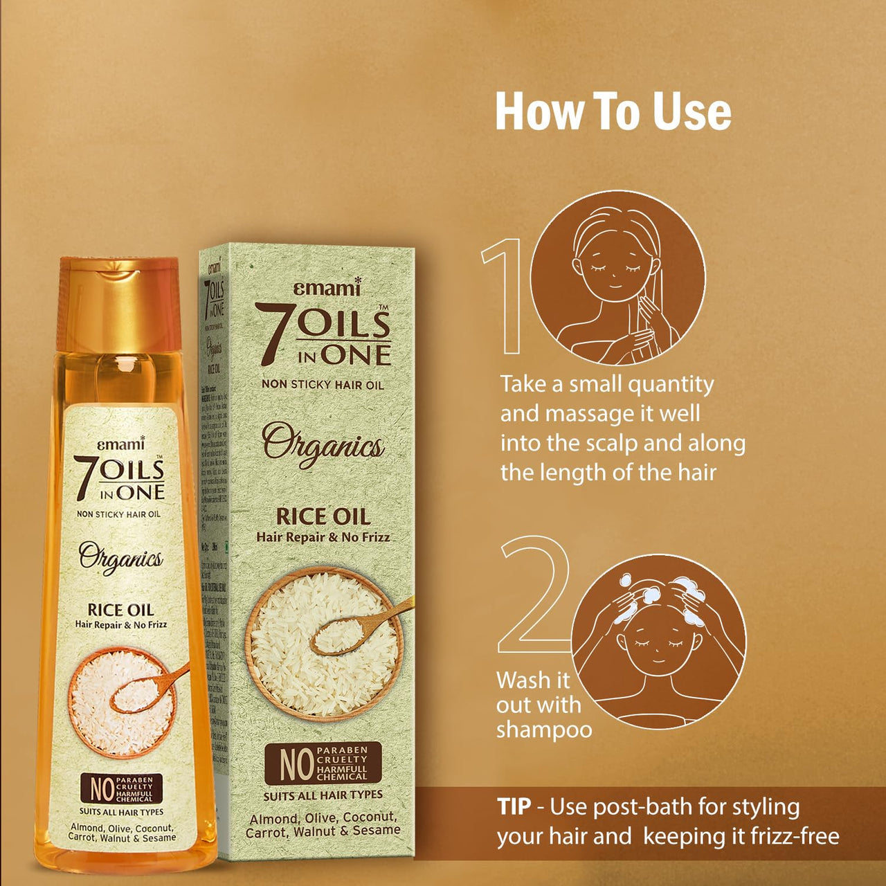 Emami 7 Oils In One Organics RICE OIL Hair Repair& No Frizz| Nourishing & Hydrating| Ultra-Light & Non-Sticky | Certified Organic | Free From Parabens, Sulphates & Harmful Chemicals |For Soft, Shiny Hair - 200ml