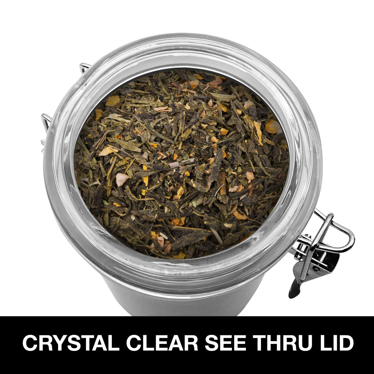 Oggi Stainless Steel Tea Canister 62 fl oz - Airtight Clamp Lid, Clear See-Thru Top - Ideal for Tea Bag Storage, Loose Tea Storage, Kitchen Storage, Pantry Storage. Large Size 5" x 7.5".