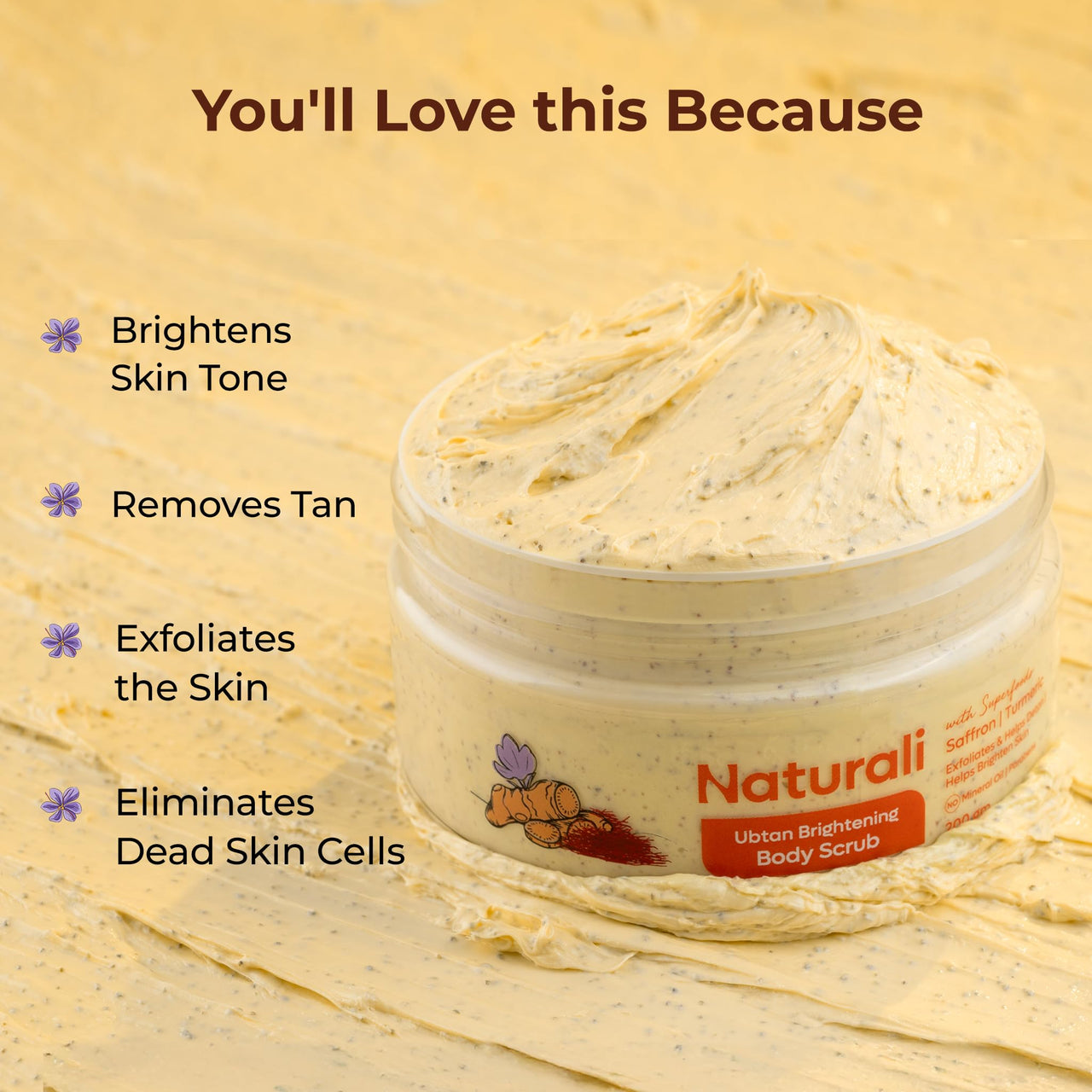 Naturali Ubtan Brightening Body Scrub | With Superfoods Saffron & Turmeric | Exfoliates | Removes Tan | Boosts Skin Glow | Paraben-free | For All Skin Types | 200gms