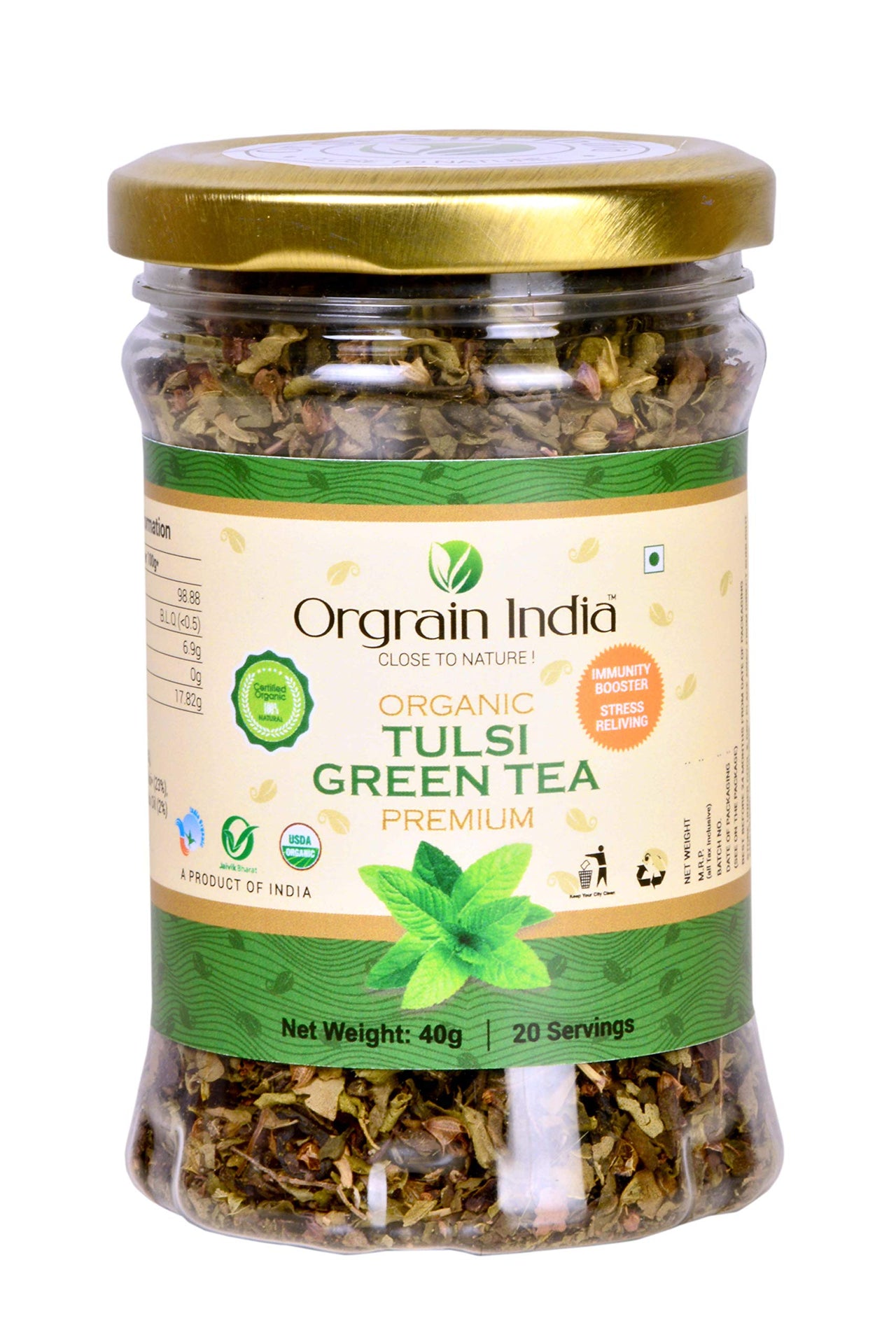 Orgrain India Certified Organic Tulsi Green Tea, 40g | Stress Relieving & Energizing, Immune Support, Adaptogen, Vegan, Gluten-Free