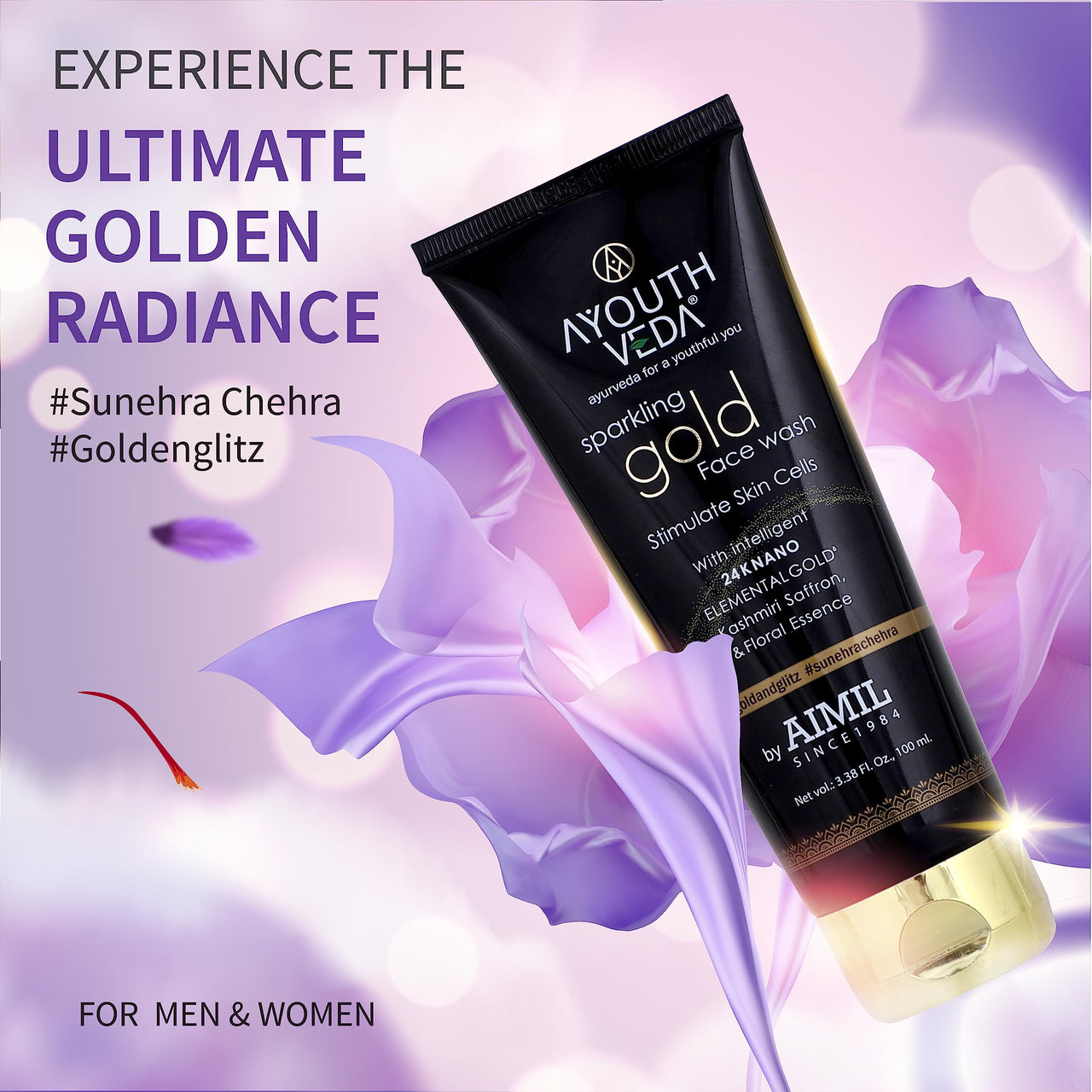 Ayouthveda Sparkling 24K Nano Elemental Gold Face Wash For Glowing Skin Men & Women | Enriched With 24K Gold & Kashmiri Saffron | For Normal & Dry Skin (Pack of 2;100ml each)