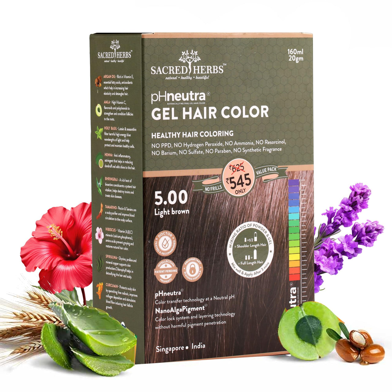 SACRED HERBS Ammonia & PPD Free Natural Organic Gel Hair Color for Men & Women | pH Neutral | Long Lasting Color with 100% Grey Coverage 160ml+20gm (LIGHT BROWN, 180 ML)