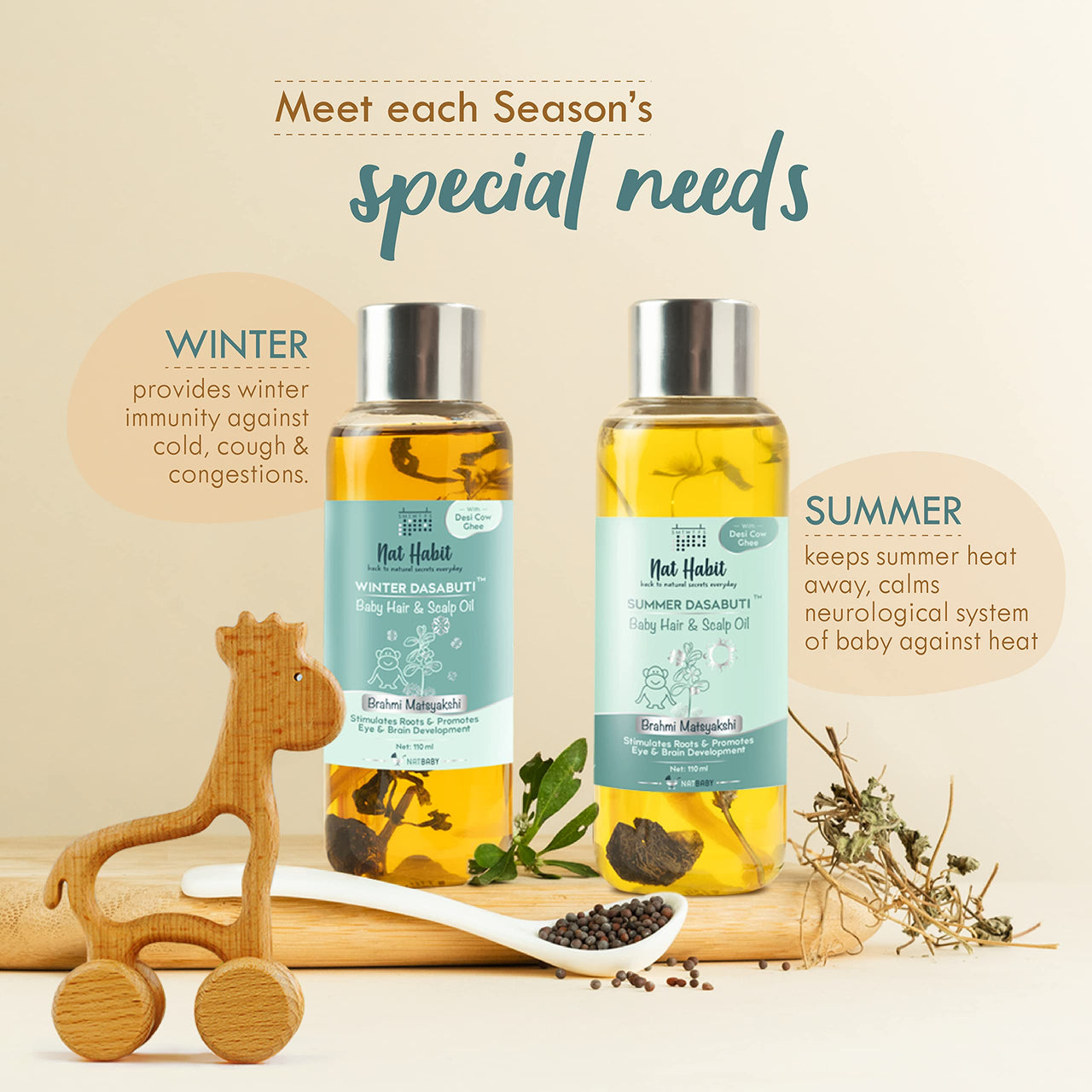 Nat Habit Summer Baby Scalp & Hair Oil with Brahmi Matsyakshi Dasabuti, Cools Body & Aids Good Sleep - 110ml