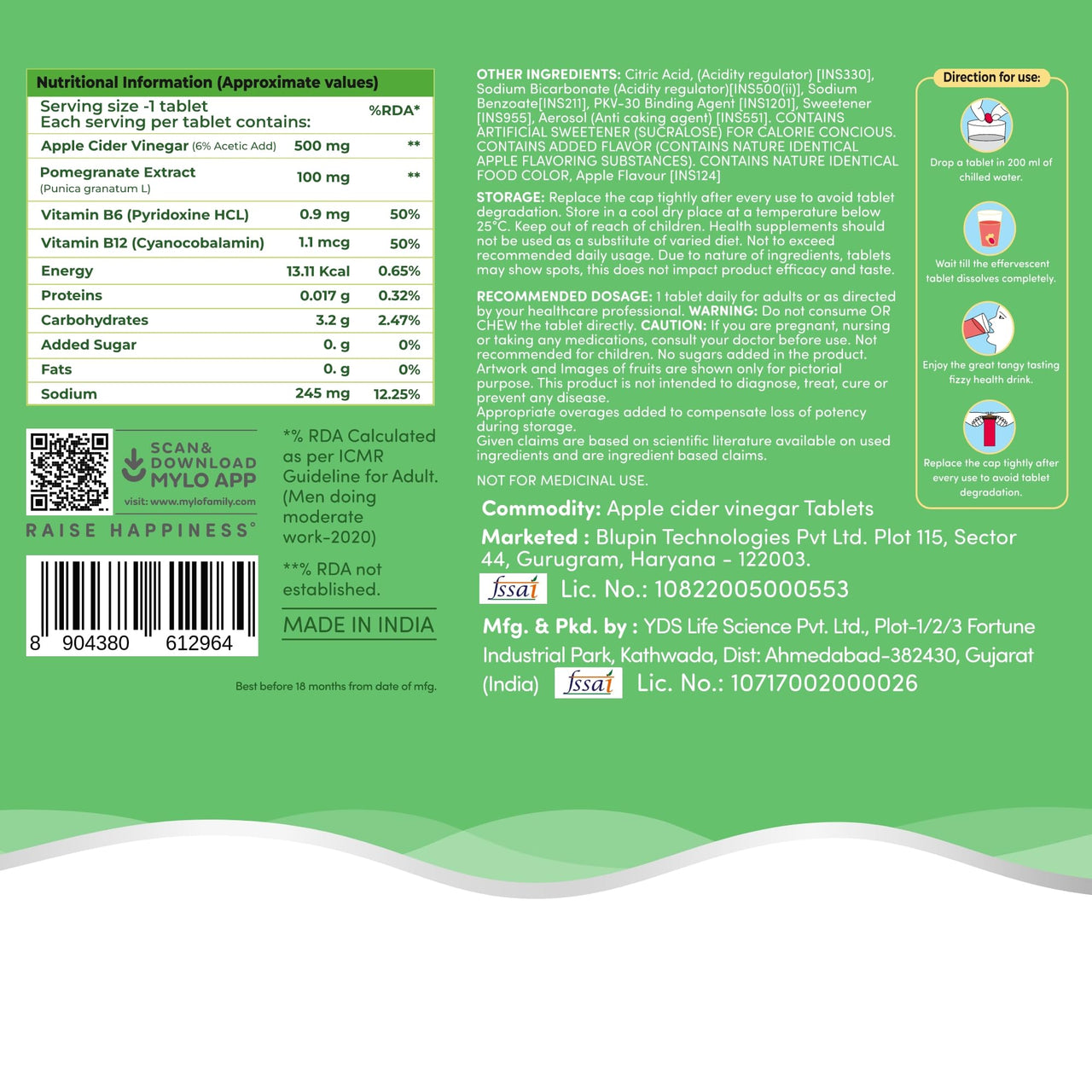 Mylo Apple Cider Vinegar Tablets for Weight Loss | Effervescent ACV Tablets | With Vitamin B6 and B12 | 100% Natural (Pack of 1)