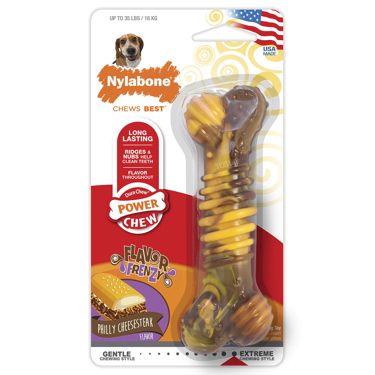 Nylabone Flavor Frenzy Power Chew Dog Toy Philly Cheesesteak Medium/Wolf (1 Count) Medium up to 35 lbs.