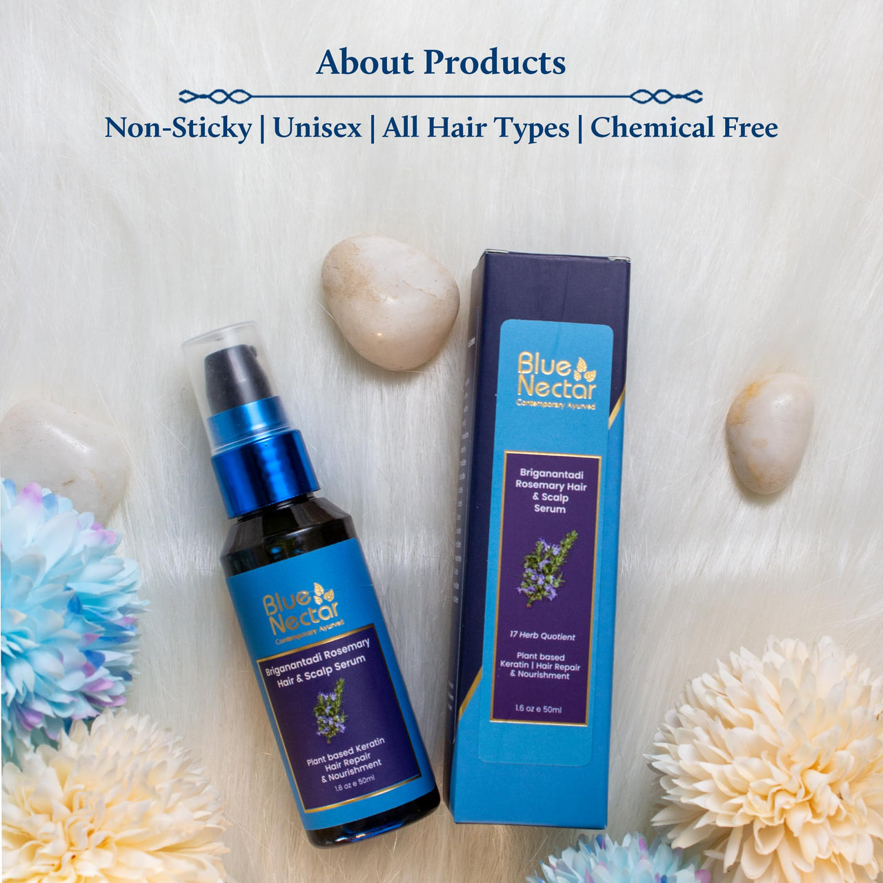 Blue Nectar Rosemary Hair & Scalp Serum for Women & Men | Advanced Hair Growth Serum for Dry & Frizzy Hair | with Plant Based Keratin (17 Herbs, 50ml)
