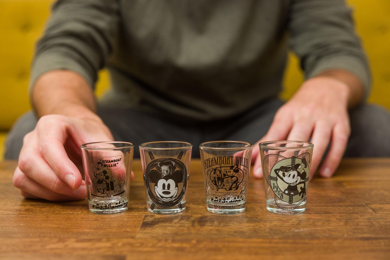Silver Buffalo Disney 100 Classic 1928 Steamboat Mickey Vintage Sketch Mini Glasses 4 Pack, 1.5 Ounces