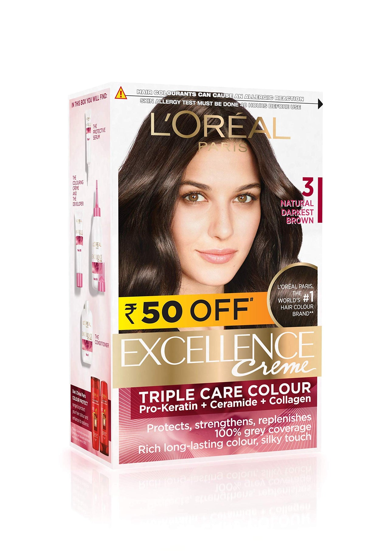 L'Oreal Paris Excellence Creme Hair Color, 3 Natural Darkest Brown, (72ml+100g)