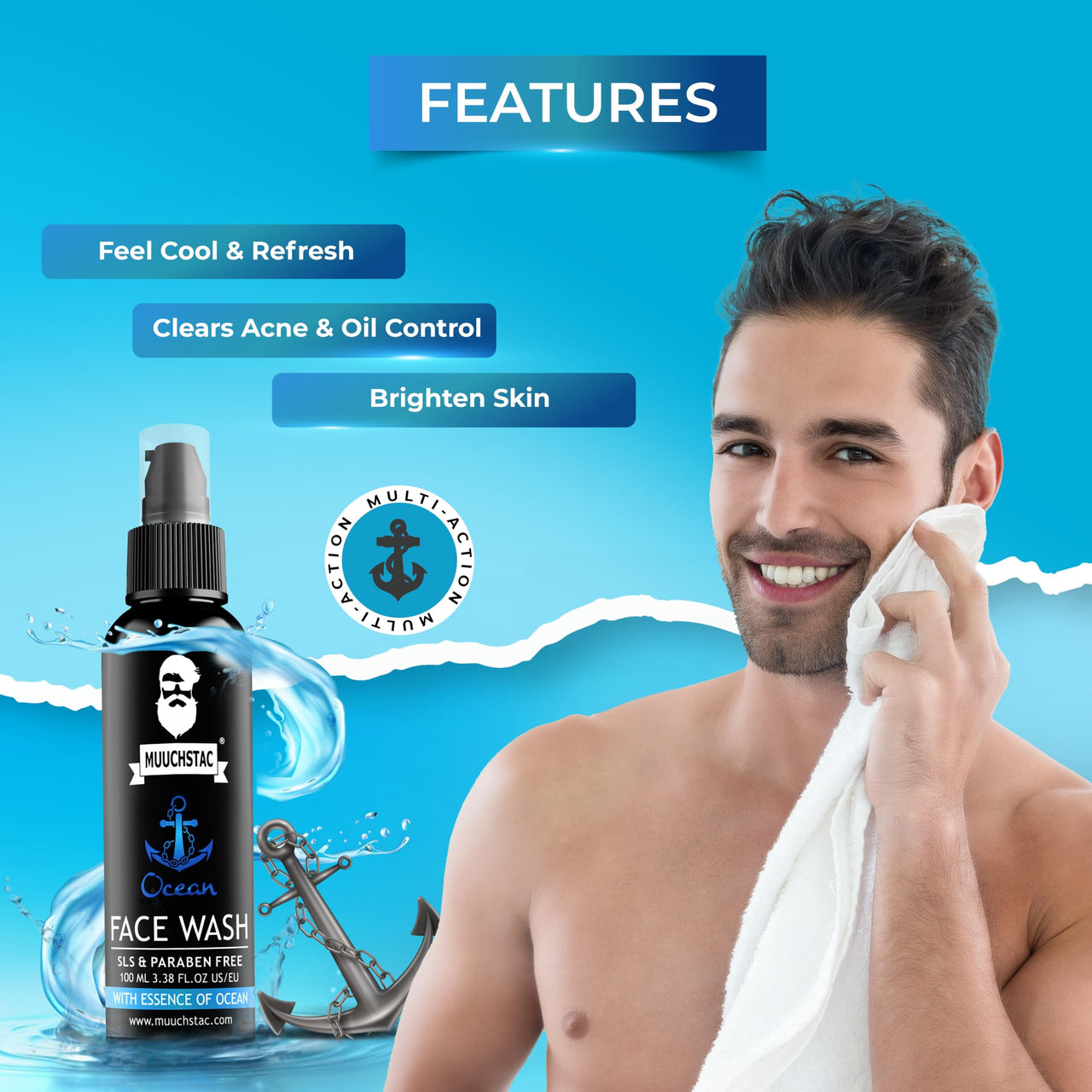 Muuchstac Ocean Face Wash for Men | Fight Acne & Pimples, Brighten Skin, Clears Dirt, Oil Control, Refreshing Feel - Multi-Action Formula (3x100 ml)
