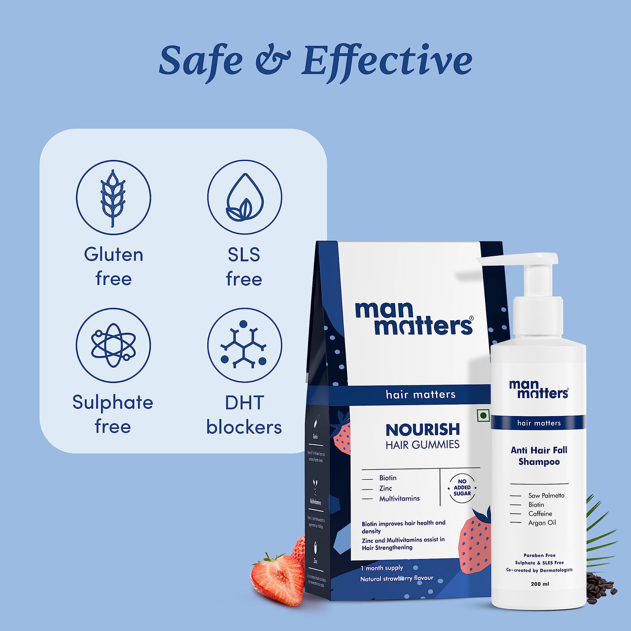 Man Matters Anti Hair Fall Shampoo and Biotin Hair Gummies | Strengthens and Smoothen your hair | Pack of 200ml Shampoo and 30 Gummies