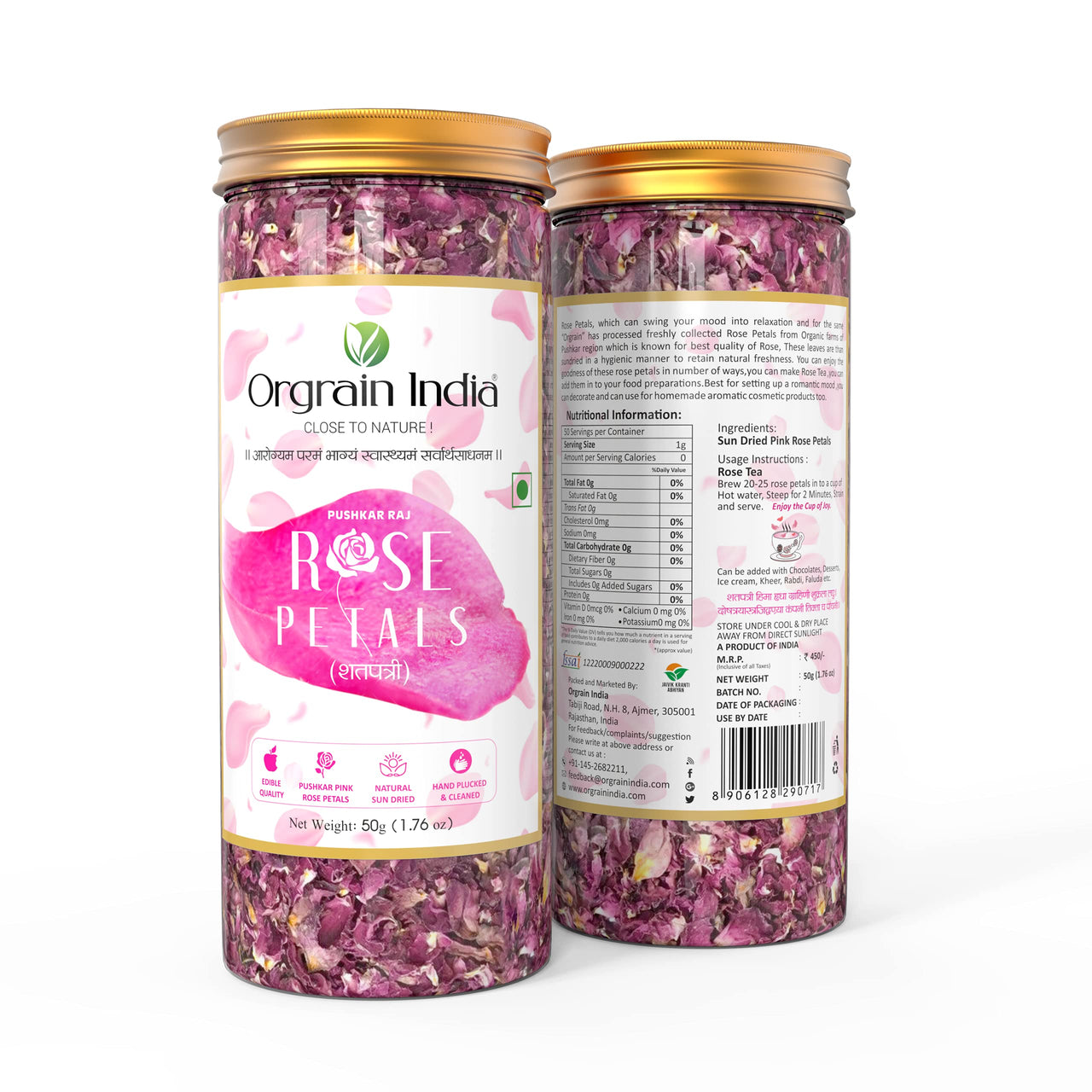 Orgrain India Pushkar Raj Pink Rose Petals 50g | Organically Grown Company-Owned Farmlands | Sun Dried Gulab Patti | Rose Tea