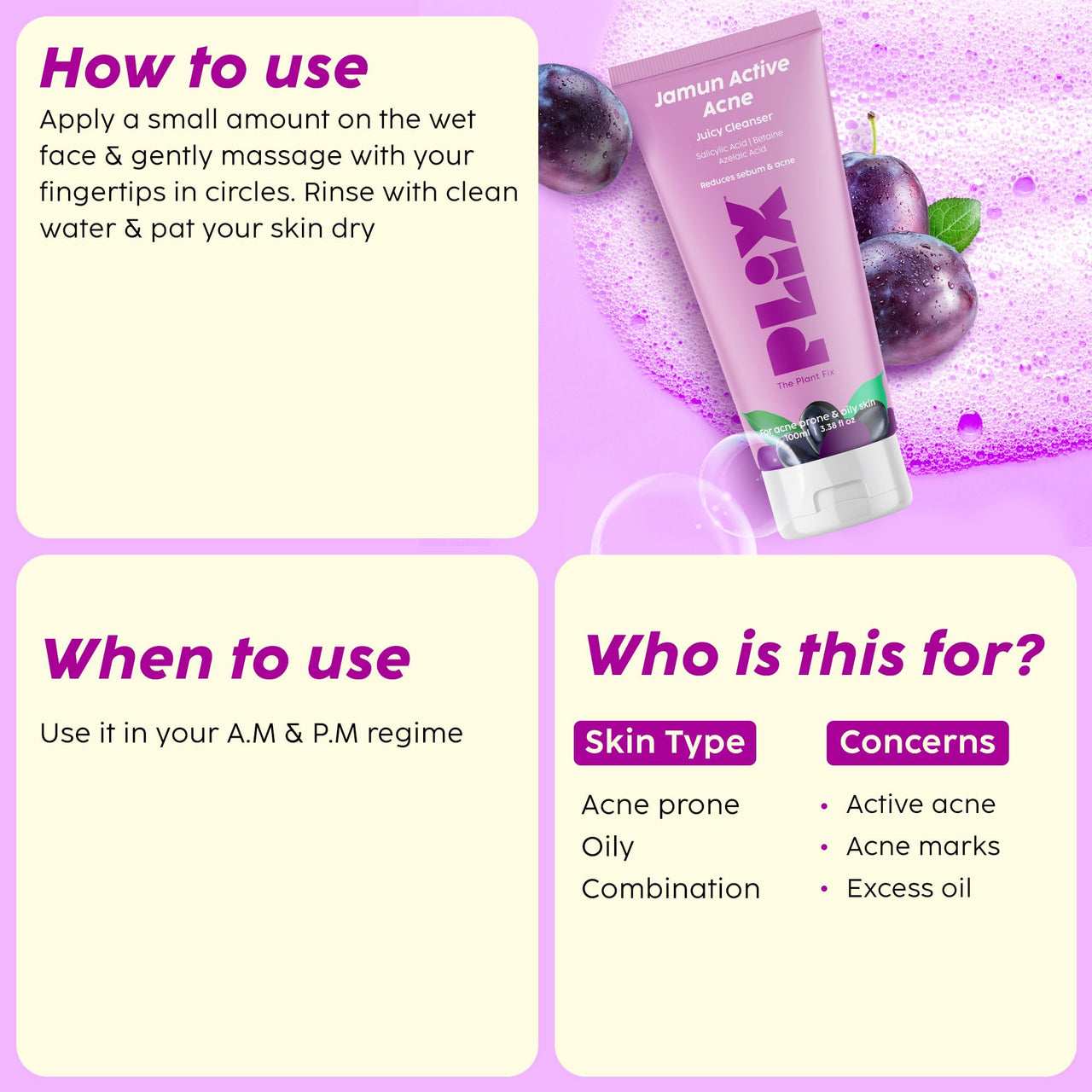 The Plant Fix Plix Jamun Active Acne Range With Cleanser, 2% Salicylic Acid Serum, Smoothie Moisturizer, & Toner l Reduces Active Acne l Detoxifies The Skin l Soothes Redness l All Skin Types