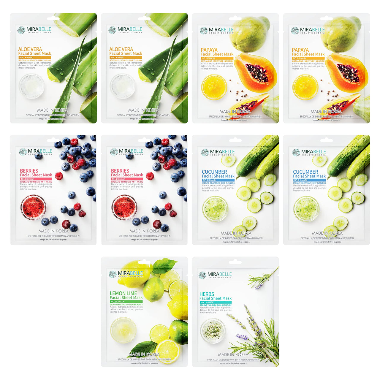 Mirabelle Healing Face Mask Sheets for Hydration & Skin Repair | Korean Face Sheet Masks | Anti-Aging & Soothing Facial Sheet Mask | Unisex Combo Pack of 10 (25ml Each)