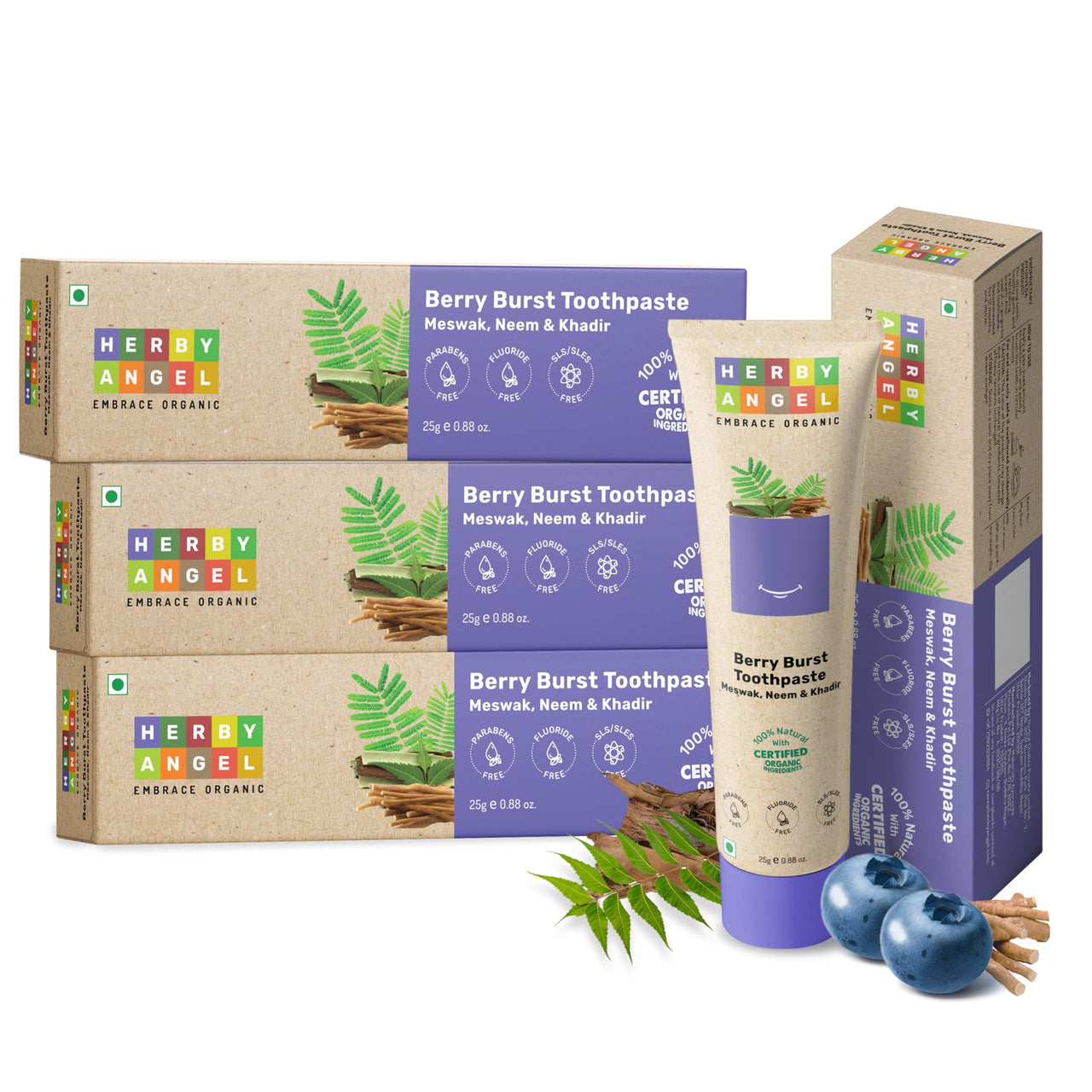 Herby Angel Baby Toothpaste Berry Burst - Herbal Kids Oral Care with Neem, Khadir & Meswak | Promotes Strong Teeth & Healthy Gums | Fluoride Free,Organic & Safe for Toddlers (Pack of 4) (25 GM Each)