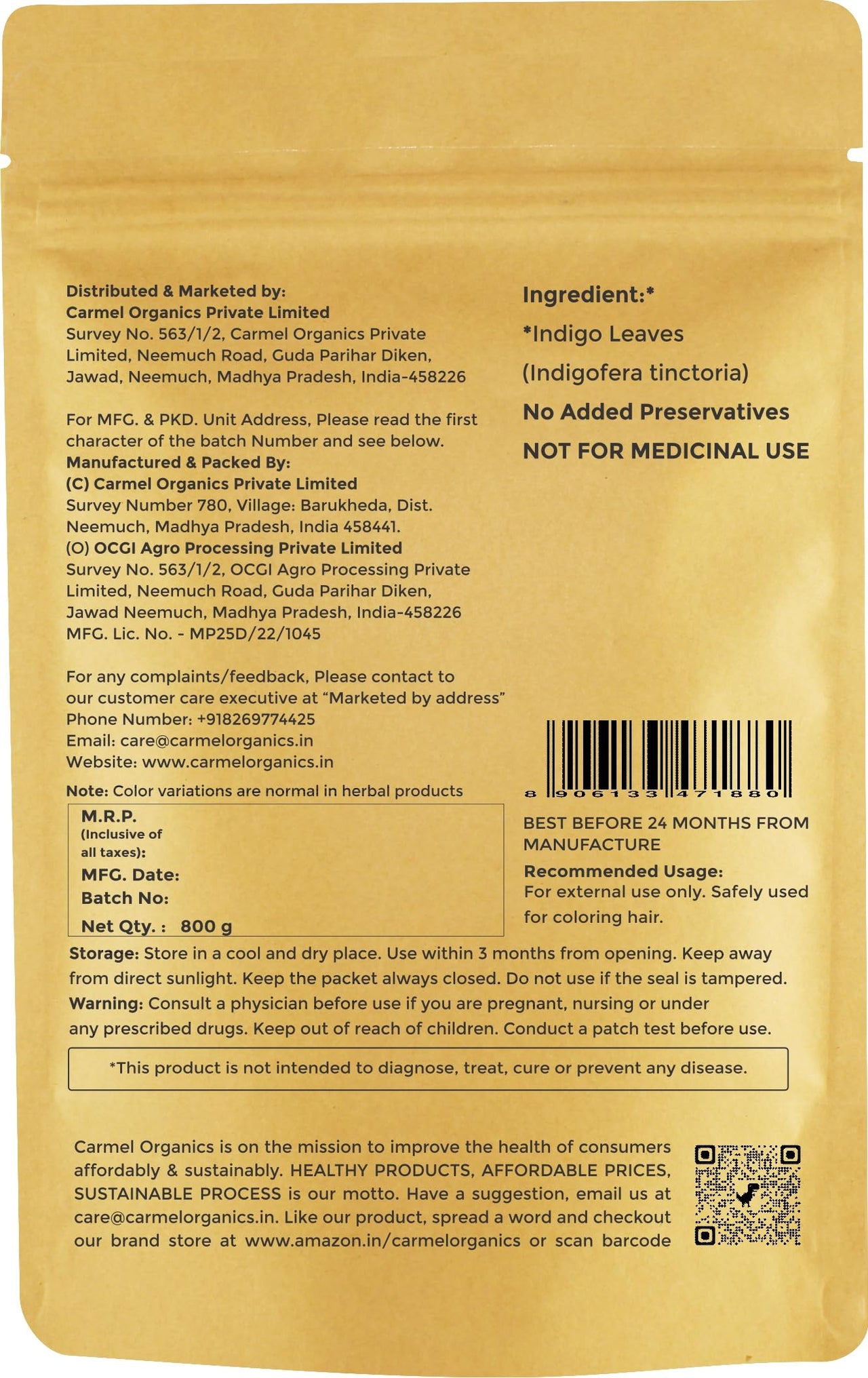 CARMEL ORGANICS Indigo Leaves Powder (800 Grams) – Natural Hair Colorant for Black/Brown Hair, Includes Gloves & Hair Cap, No Added Colors or Preservatives, Avuri Akulu, Indigofera