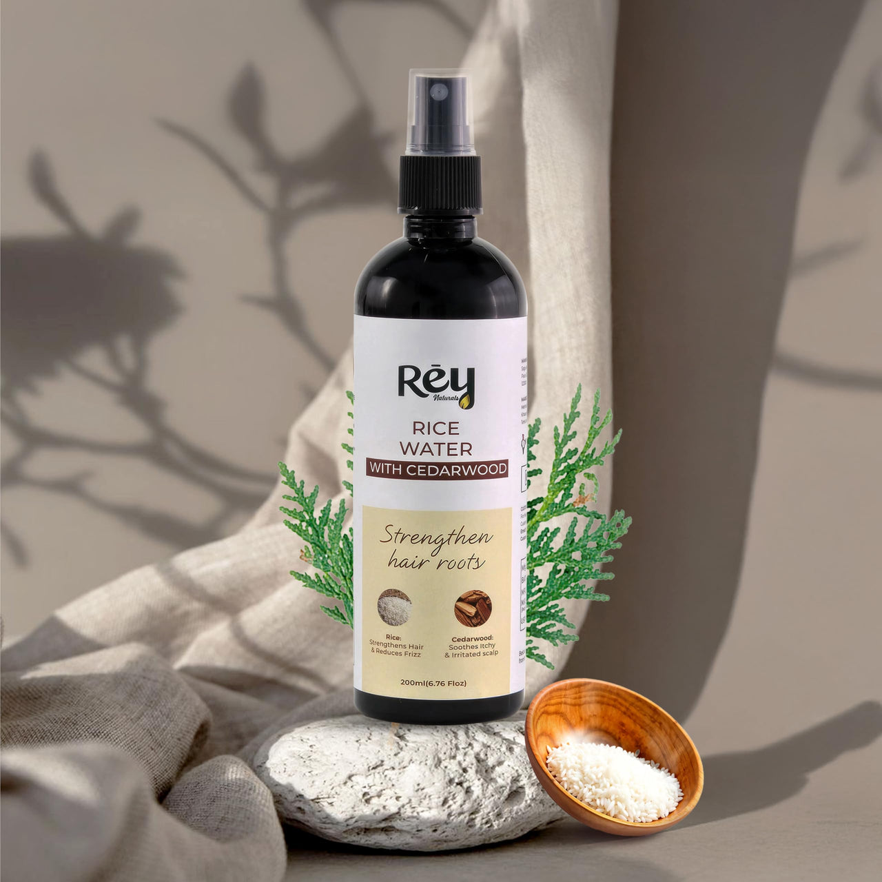 Rey Naturals Aqua Range | Cedarwood & Rice Water Hair Growth Spray -200ml | Non-Oily Rice Water Mist For Smooth Frizz Free Hair | Cedarwood Extract For Dry & Itchy Scalp | Minimize Hairfall & Dandruff