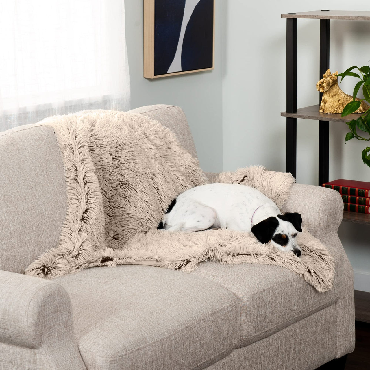 Furhaven Waterproof Throw Blanket for Dogs & Indoor Cats, Washable - Shaggy Plush Calming Long Faux Fur & Velvet Dog Blanket - Taupe, Medium Blanket - Long Faux Fur (Taupe) 40.0"L x 30.0"W x 0.3"Th Waterproof Only