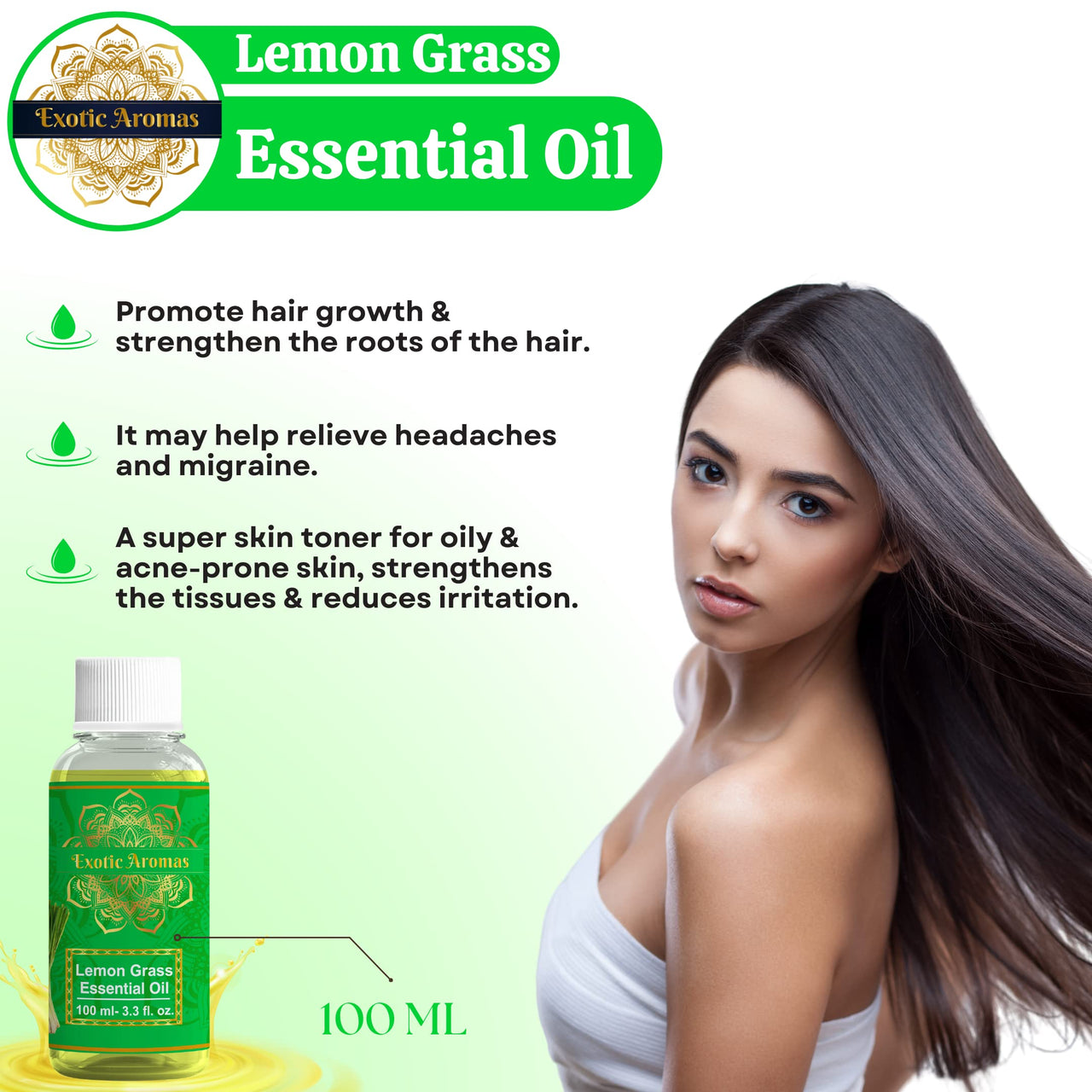 Exotic Aromas Lemongrass Essential Oil for Aroma Therapy, Stress Relief, Hair, Skin & Sleep, 100 M