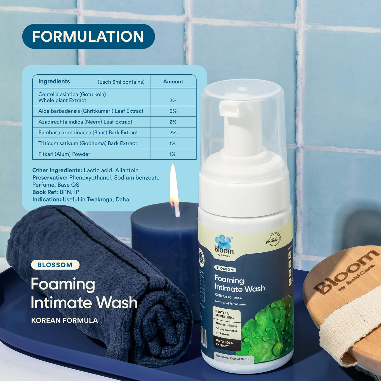 Bloom Foaming Intimate Wash with Korean Formula | (100 ml) | For Vaginal Dryness & Irritation | Enriched with Gotu Kola Extracts & Lactic Acid | Women Intimate Care | Lemongrass Fragrance