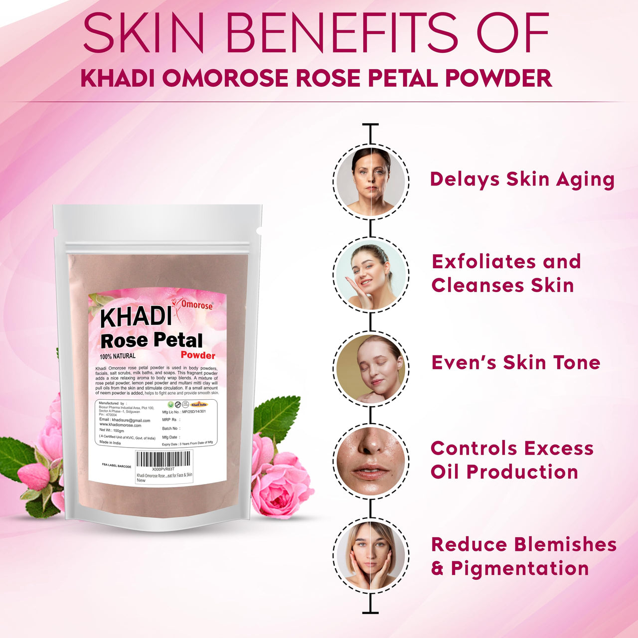 Khadi Omorose Rose Petal Powder For Face And Skin (100 gm)