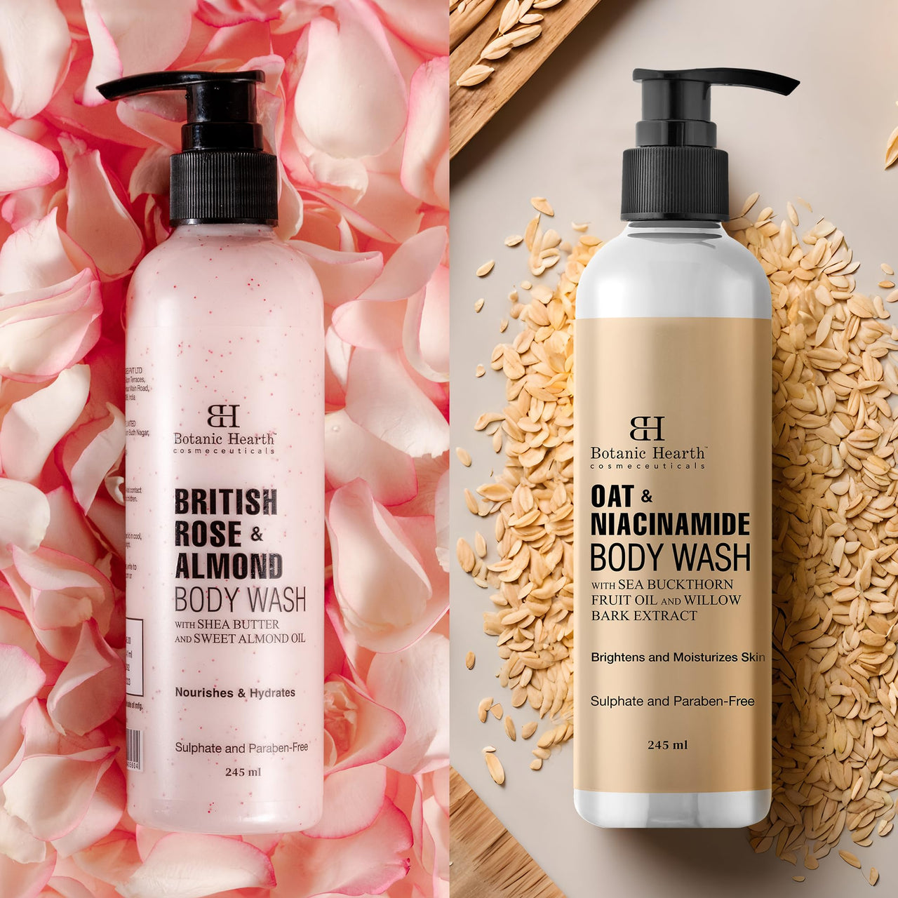 Botanic Hearth Oat Niacinamide and British Rose Almond Body Wash 245 ml each