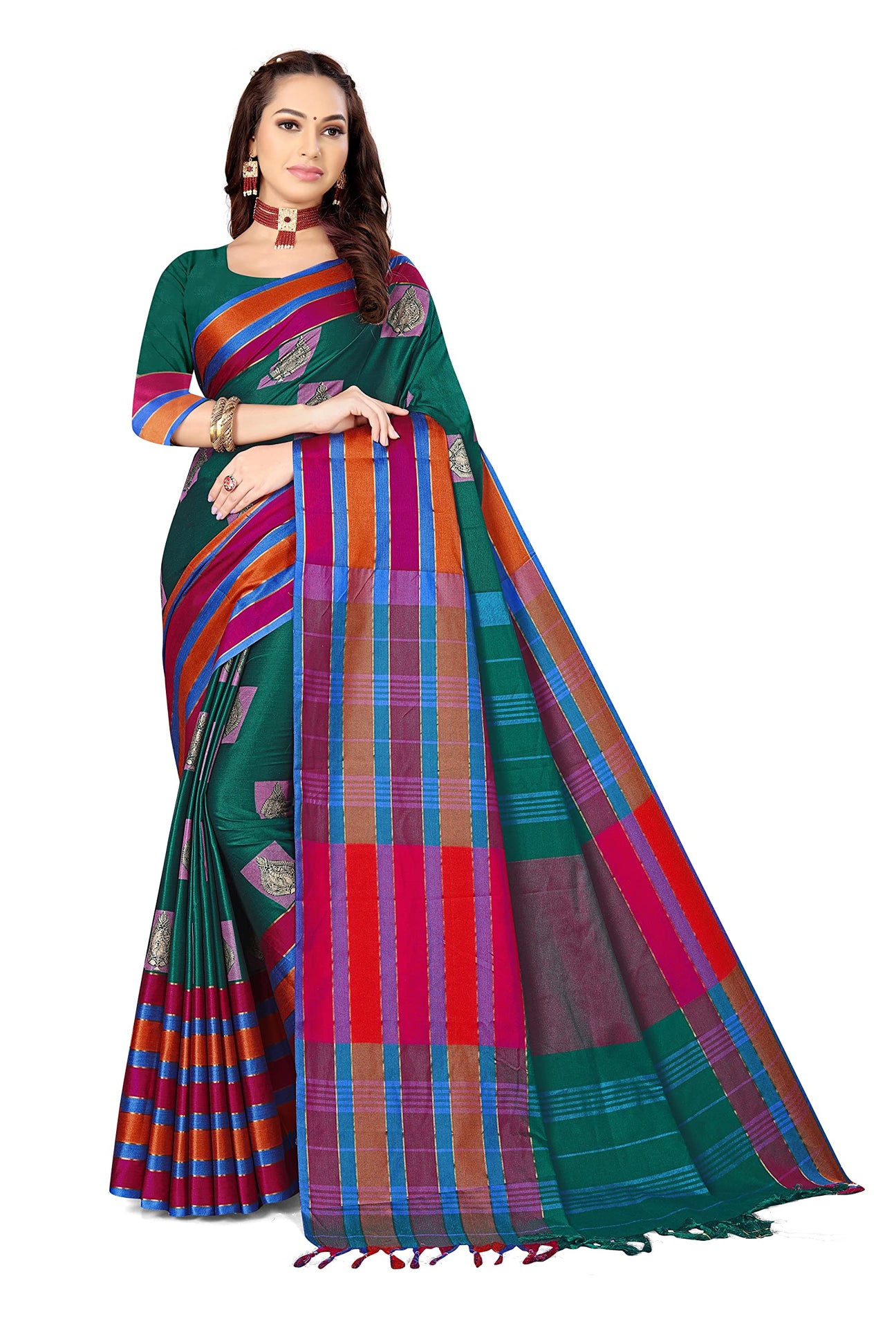 GRECIILOOKS Women's  Art Cotton Silk With Golden Border Printed Soft Silk Saree With Blouse Piece