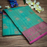 NK Textiles Women's  Elephant Motifs Woven Kanjivaram Ghicha Tussar Silk Saree with Fancy Tassels