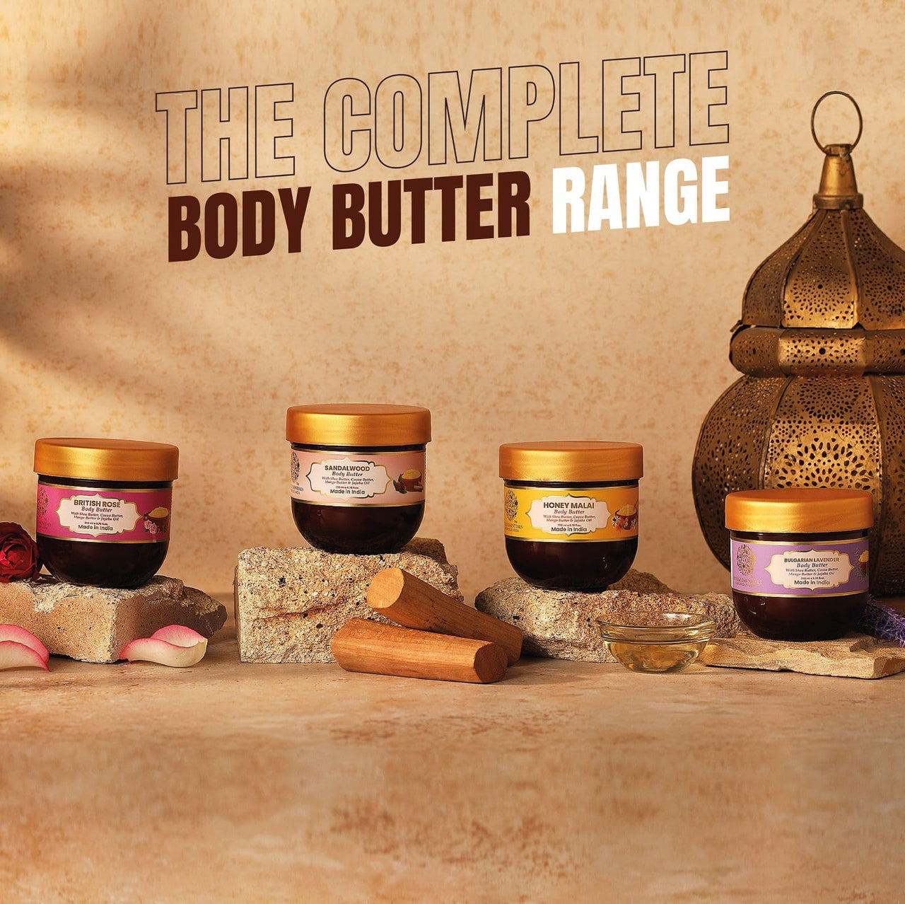 RYLLZ ESSENTIALS Sandalwood Body Butter | with Shea Butter, Cocoa Butter, Mango Butter, Niacinamide & Jojoba Oil | for 48Hrs Moisturisation, Stretch Marks, Dry/Itchy Skin & Uneven Skin Tone | 200 ml