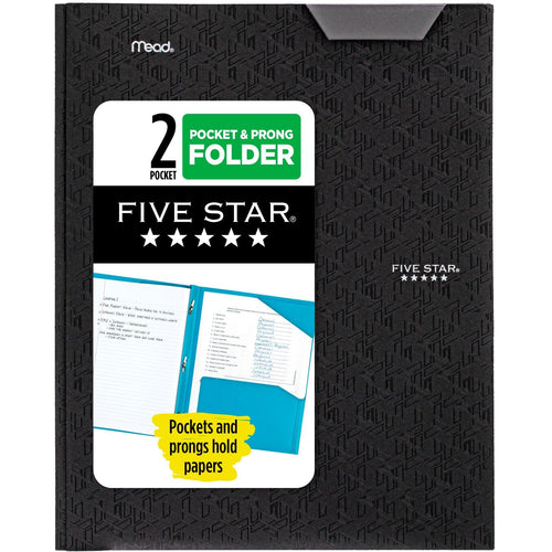 Five Star 2 Pocket Folder, Stay-Put Folder, Plastic Colored Folders with Pockets & Prong Fasteners for 3-Ring Binders, Great for Home School Supplies & Home Office, 11” x 8-1/2, Black (72113) 1 Count (Pack of 1)