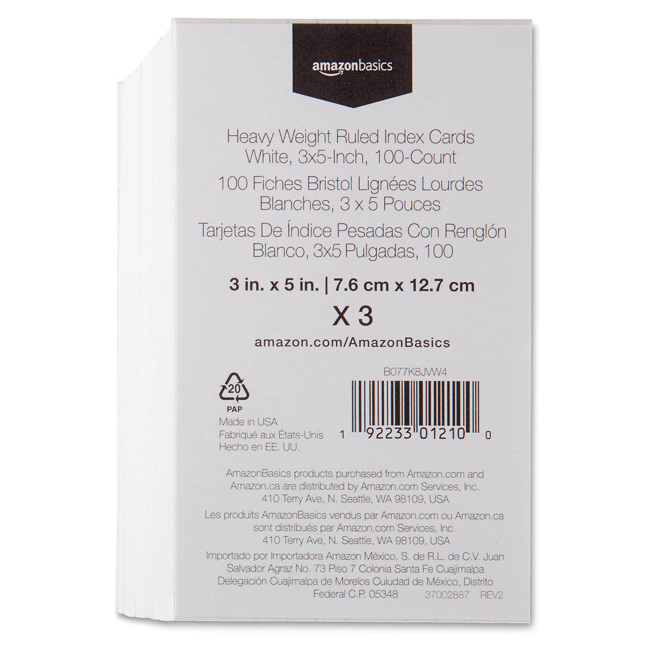 Basics Heavy Weight Ruled Lined Index Cards, 300 Count, 100 Pack of 3, White, 3 x 5 Inch Card
