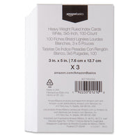 Basics Heavy Weight Ruled Lined Index Cards, 300 Count, 100 Pack of 3, White, 3 x 5 Inch Card