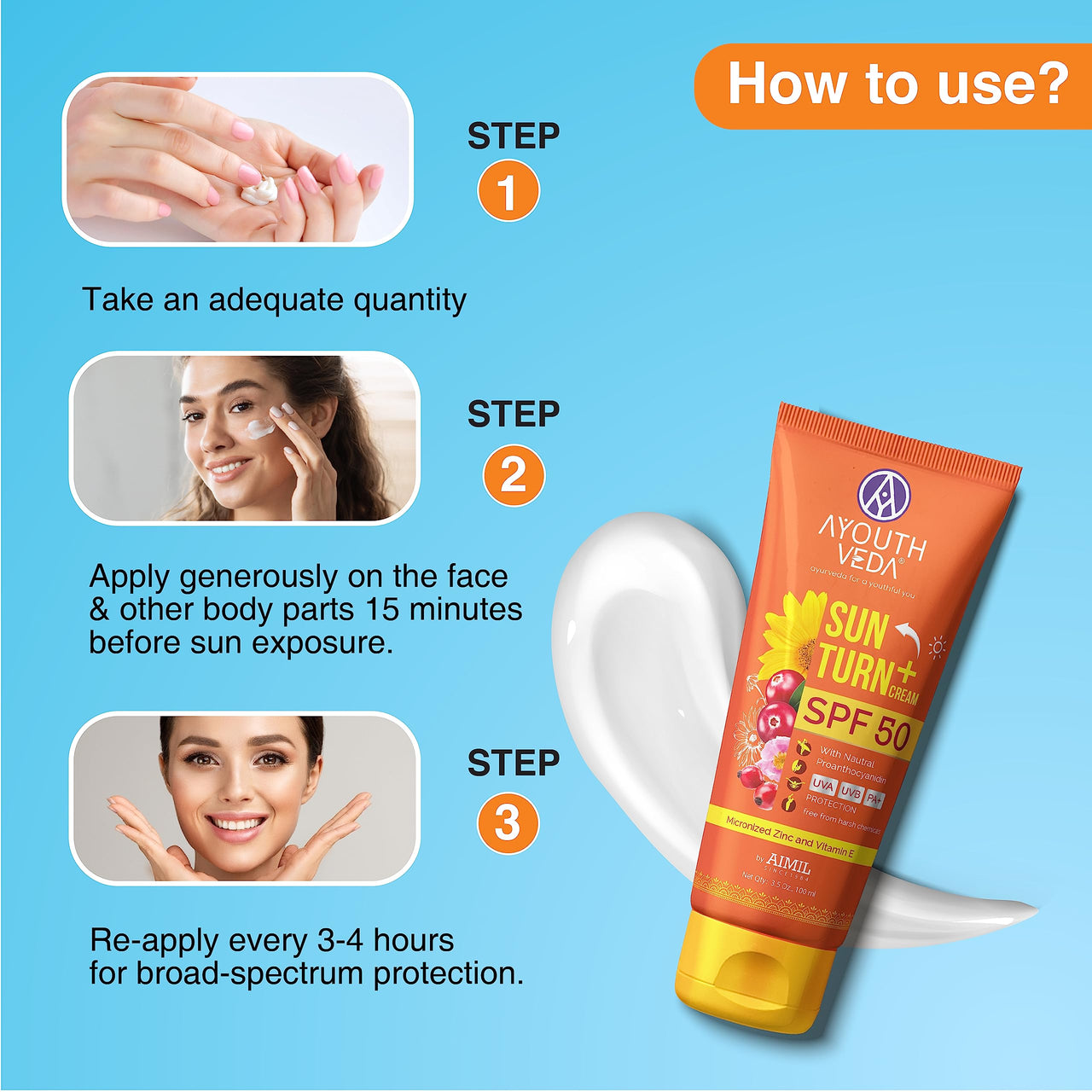 Ayouthveda Sun Turn + Cream SPF 50 With Micronized Zinc | PA++ | For UVA/UVB Sun Protection | Non-Greasy, Quick Absorbing | For All Skin Types | Enriched With Rosehip, Cranberry & Grape Seed Oil -60g