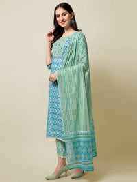 SOURBH Women's  Straight Fit Cotton Floral Printed and Embellished Kurta Set with Trouser Pant and Dupatta