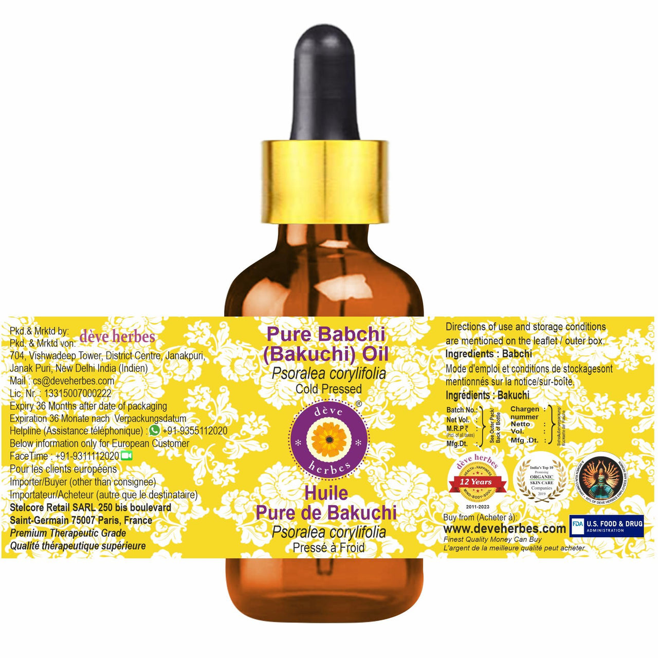 Deve Herbes Pure Babchi (Bakuchi) Oil (Psoralea corylifolia) with Glass Dropper Natural Therapeutic Grade Cold Pressed - 5ml