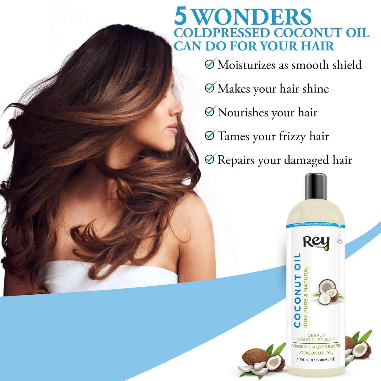 Rey Naturals Extra Virgin Cold Pressed Coconut Oil For Men & Women | Hair Oil For Strong Hair, Improved Scalp Condition | Ideal For All Type Skin & Hair Types - 200ml