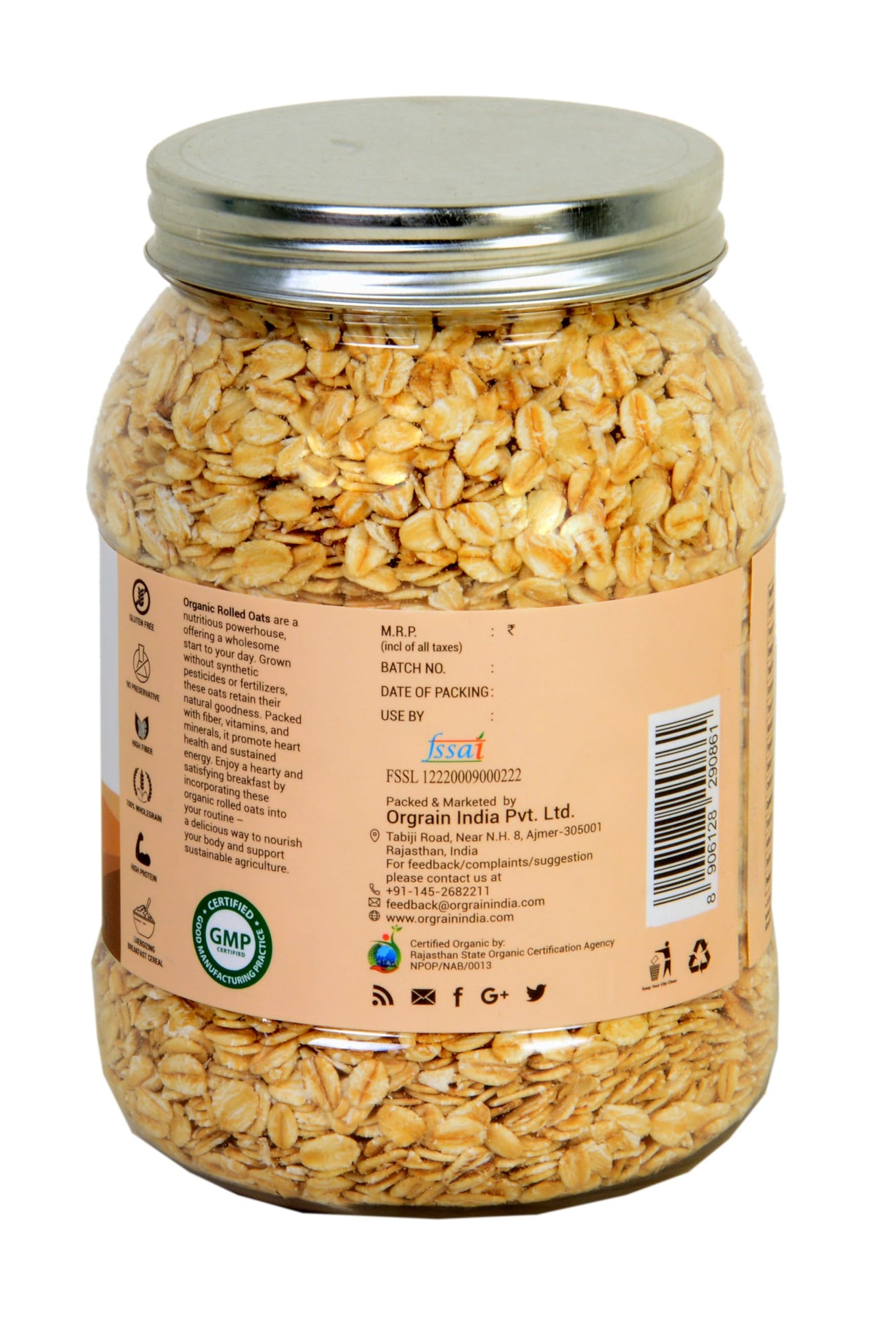 Orgrain India Organic Rolled Oats 500g | Gluten Free Oats | Healthy Breakfast Cereal | Whole Grain Old Fashion Jumbo Rolled Oats with High Fibre, Protein | Diet food for Weight Management