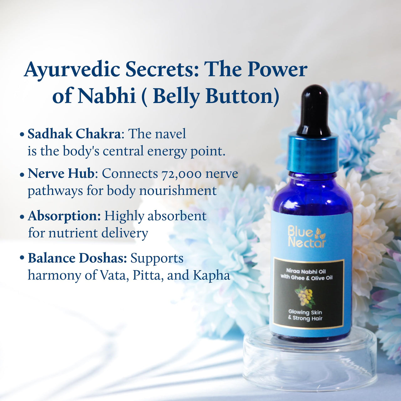 Blue Nectar Nabhi Oil with Ghee & Olive Oil | Ayurvedic Belly Button Oil for Glowing Skin & Strong Hair | Deep Hydration & Nourishment (22 Herbs, 10ml)