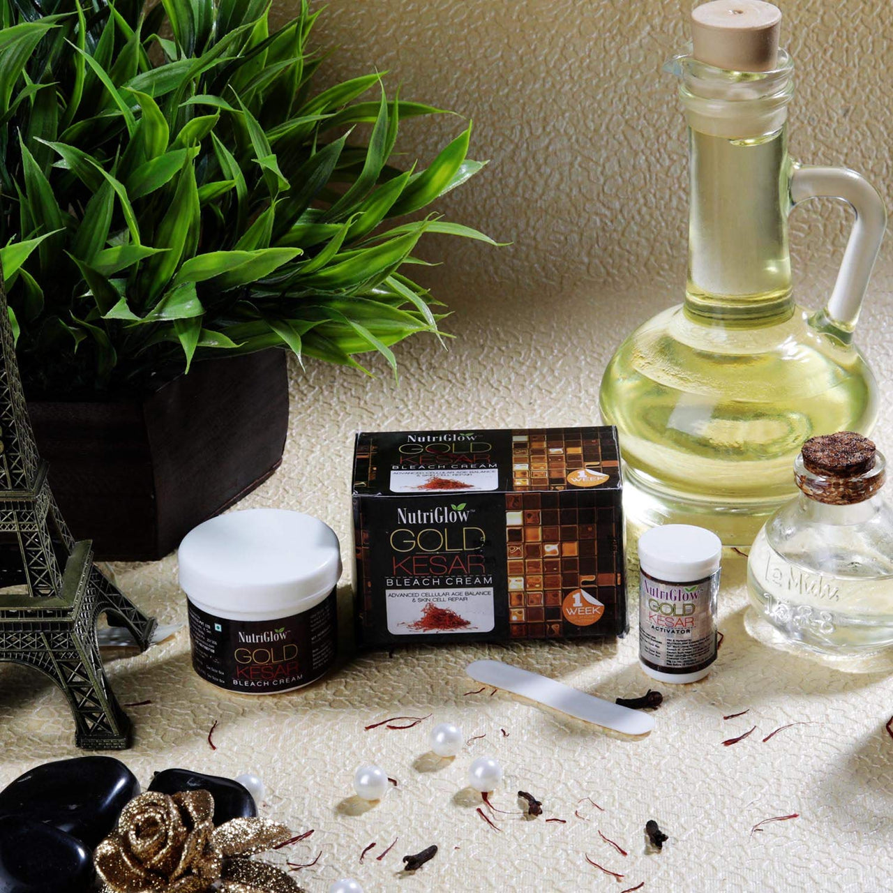 NutriGlow Gold Kesar Facial Kit (250gm + 10ml) with Bleach Cream (43gm) & Face Wash (65ml), All Skin Types (Pack Of 3)