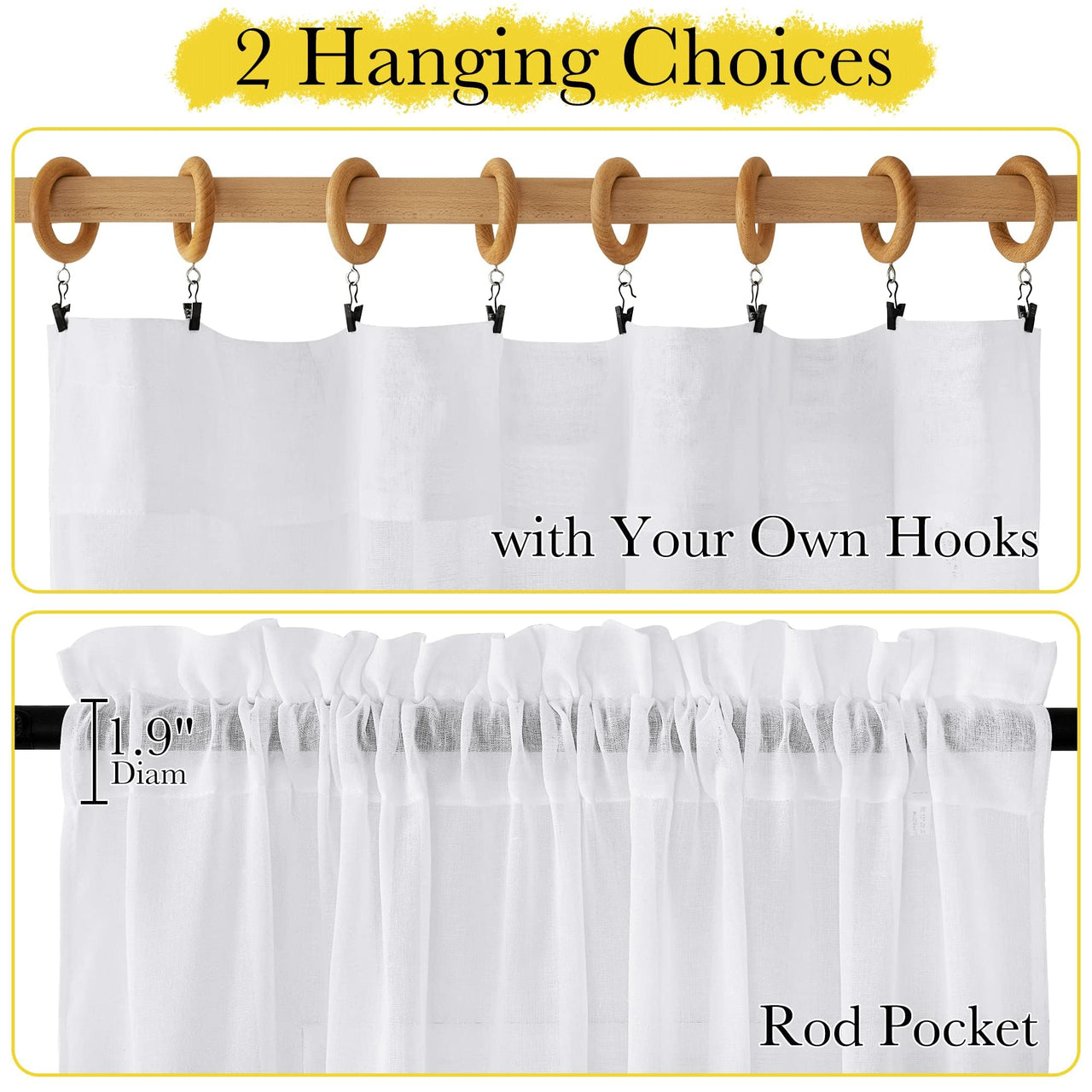 NICETOWN Kitchen Window Curtains, Rod Pocket Semi Sheer Linen Drapes Short Small Curtains Privacy Protection with Light Filtering for Bathroom/Cafe, White, W42 x 45", 2 Panels W42 x L45 *White