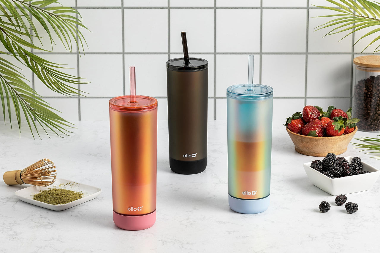 Ello Monterey 24oz Plastic Tumbler with Straw and Built-In Silicone Coaster, Premium Double Walled Insulation, Reusable Cup Perfect for Iced Coffee, BPA Free, Black