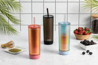 Ello Monterey 24oz Plastic Tumbler with Straw and Built-In Silicone Coaster, Premium Double Walled Insulation, Reusable Cup Perfect for Iced Coffee, BPA Free, Black