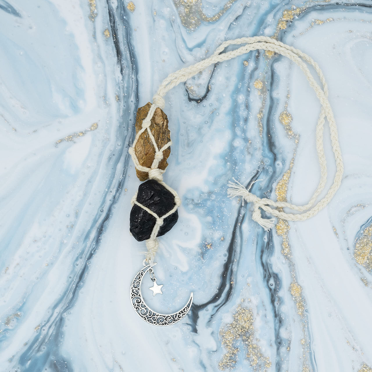 BOHO GARDEN Hanging Car Charm - Tiger Eye & Black Tourmaline - Dangling Moon, Healing Crystal Accessories, Rearview Mirror Decorations - Grounding, Confidence, Protection, Courage, Resilience, Energy Tiger's  Eye-tourmaline