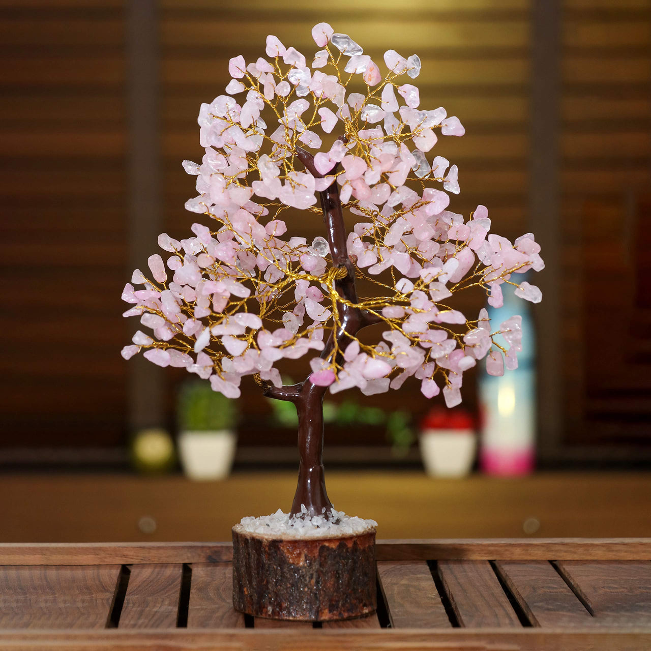 Rose Quartz Gemstone Tree - Crystal Tree for Positive Energy, Handmade Chakra Tree, Feng Shui Figurine - Money Bonsai, Good Luck Reiki Healing Crystals, Decoration Ornament Sculpture Prosperity Gift Rose Quartz (Golden Wire)