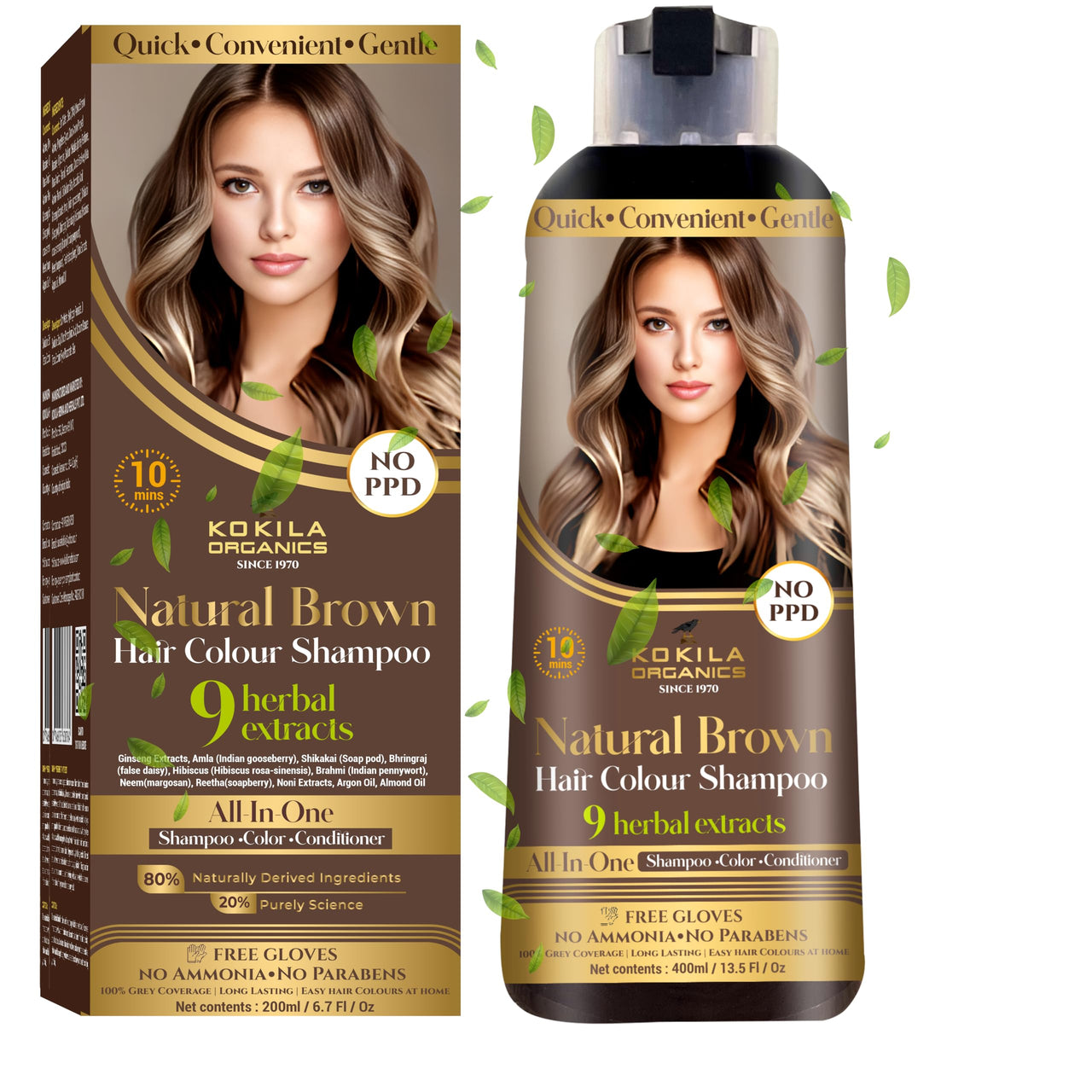 Kokila NO PPD Shampoo Natural Brown Hair Colour 400ml for Women and Men, Natural Extracts, Colours Hair in 10 Minutes | Ammonia Free, Paraben Free - 10 Pair Free Gloves