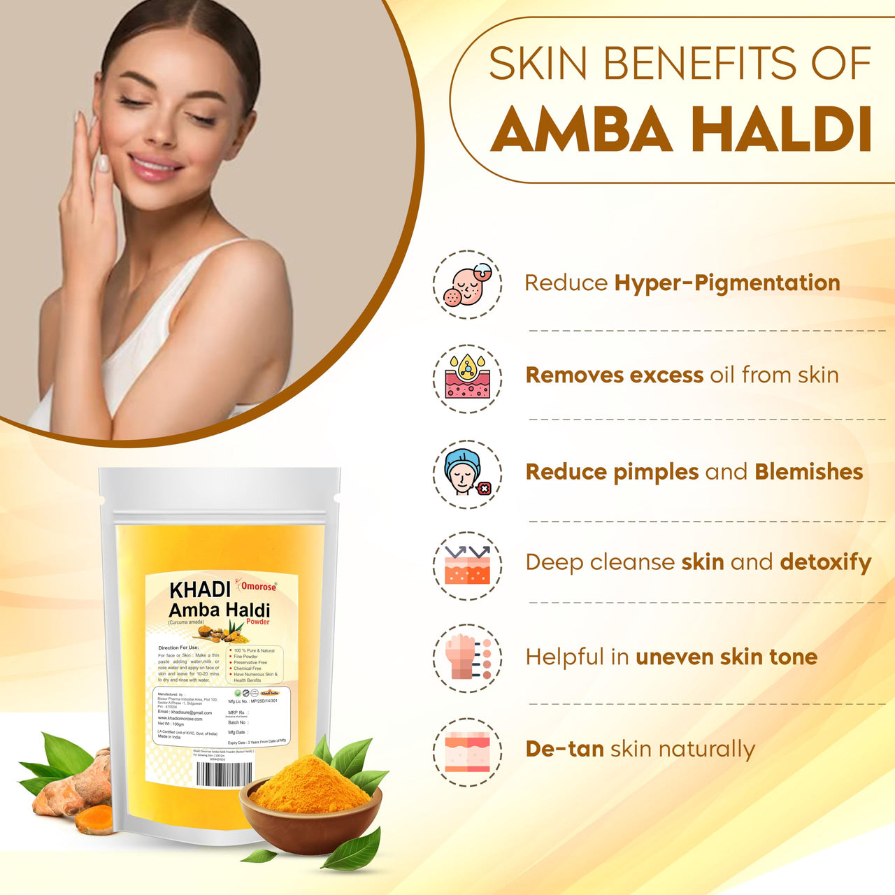 Khadi Omorose Kasturi Haldi (Amba Haldi) Powder | For Glowing Skin | 100 Gm