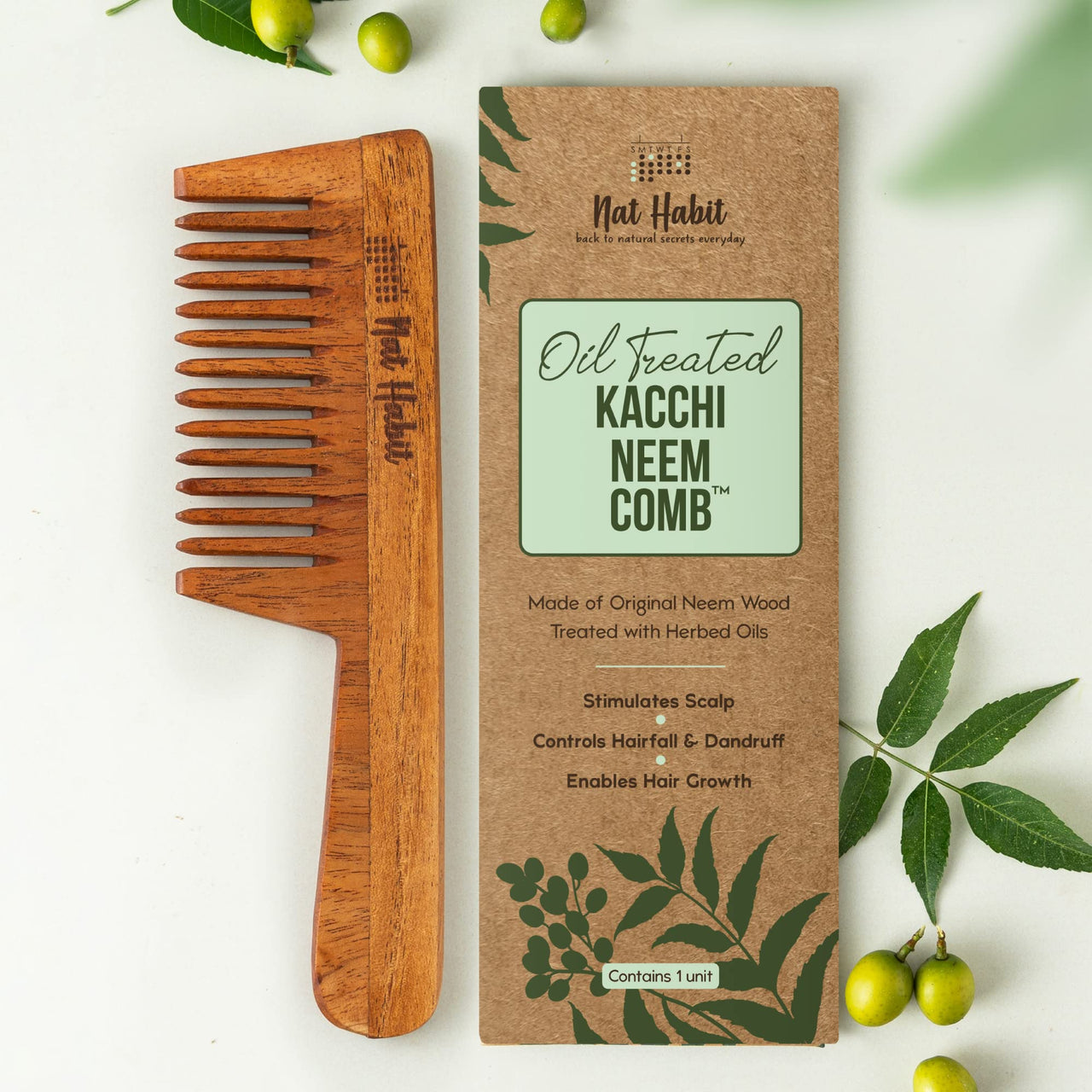 Nat Habit - Kacchi Neem Wooden Comb - Soaked In 17 Herbs Neem & Sesame Oil For Multi-Actions - Deta,Nat Habit Kacchi Neem Wooden Comb - Soaked In 17 Herbs, Neem & Sesame Oil For Multi-Actions - Detan