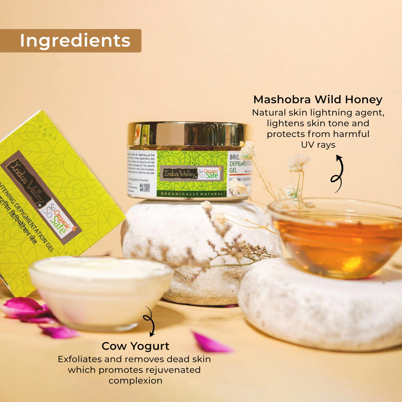 Indus Valley combo of Depigmentation Gel - 50 Ml + Depigmentation Elixir Serum - 20 Ml + Cow Yogurt And Mashobra Wild Honey Face Wash - 150 ml.